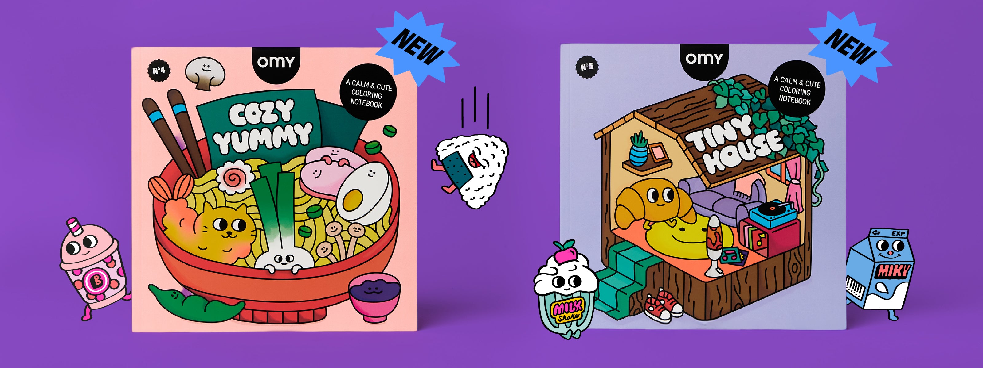 Bannière desktop Nouvelle collection Cozy OMY : carnets de coloriage relaxants et mignons avec thèmes gourmands, maison cosy et illustrations kawaii, parfaits pour un moment créatif et apaisant.
