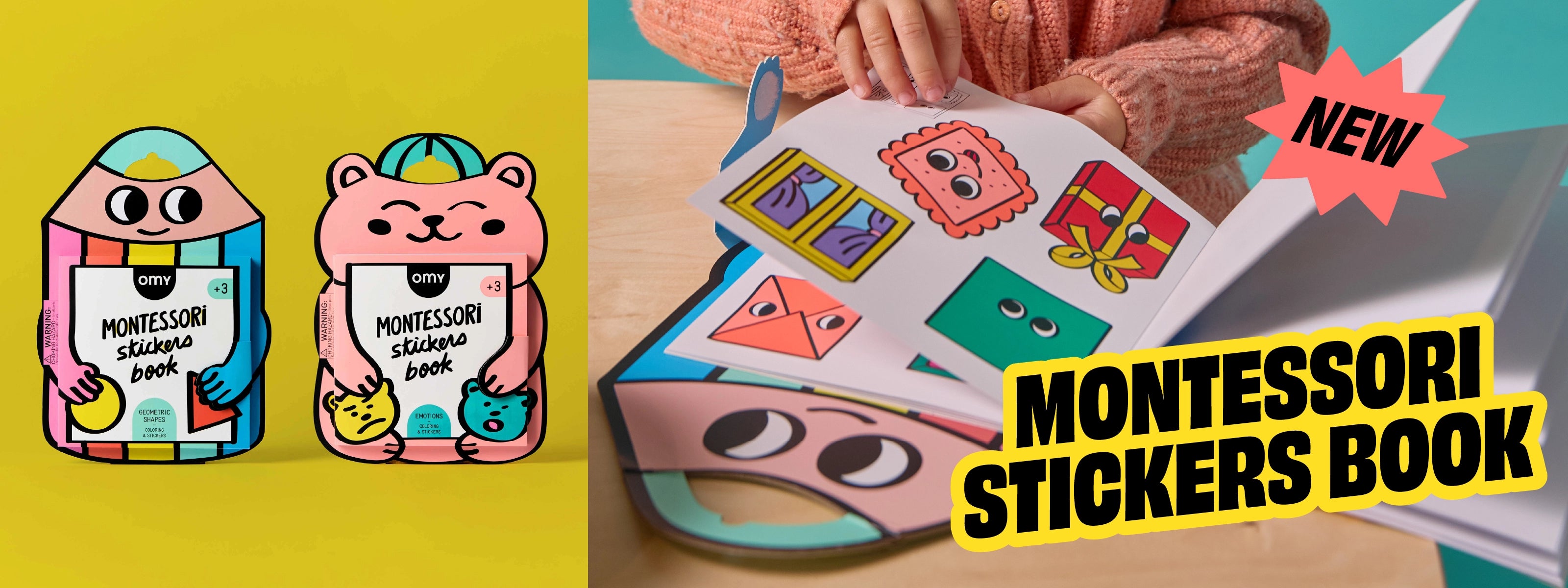 Enfant jouant avec un livre d’activités Montessori Stickers Book OMY, collant des autocollants colorés sur des pages illustrées, avec le texte “Montessori Stickers Book” et un badge “New”.