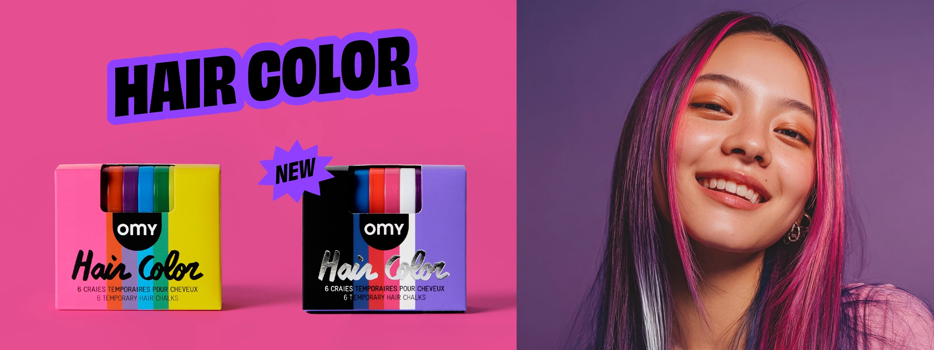 Craies pour cheveux Hair Chalk OMY, deux kits de 6 couleurs temporaires avec modèle aux mèches colorées rose et violet.