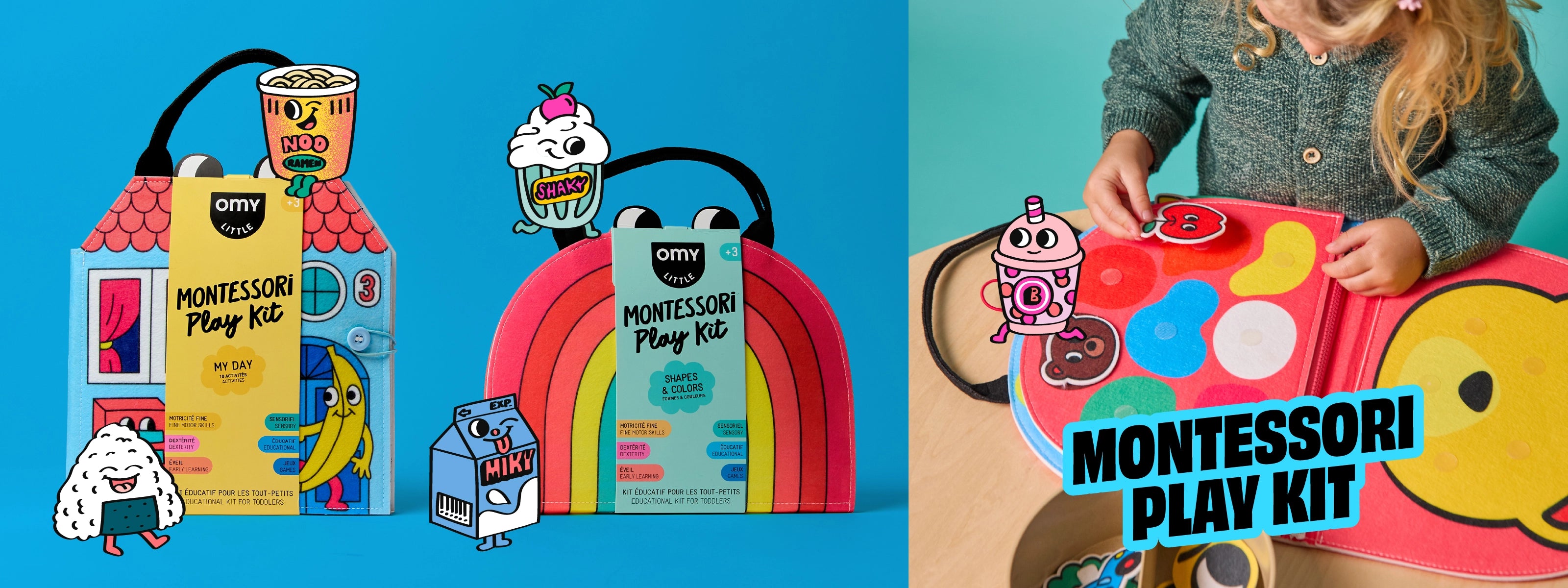 À gauche, deux coffrets Montessori Play Kit colorés en forme de maison et d’arc-en-ciel ; à droite, un enfant manipule un jeu éducatif en feutrine avec formes et personnages.