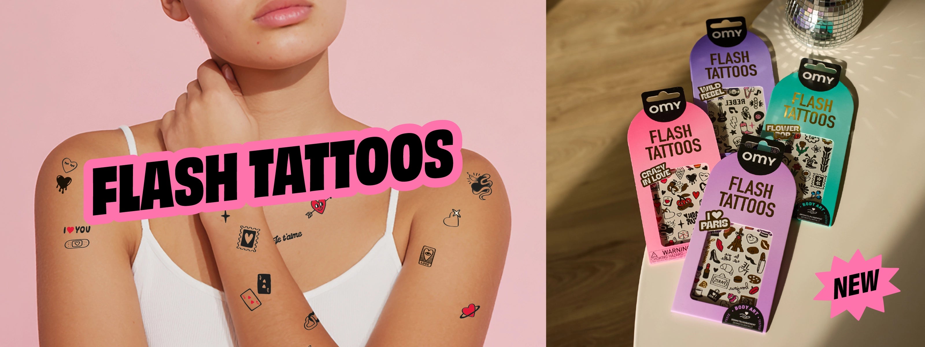 Bannière OMY Flash Tattoos – femme portant des tatouages temporaires romantiques sur le bras, collection Crazy in Love, Wild Rebel et Body Art, nouveaux designs sur omy