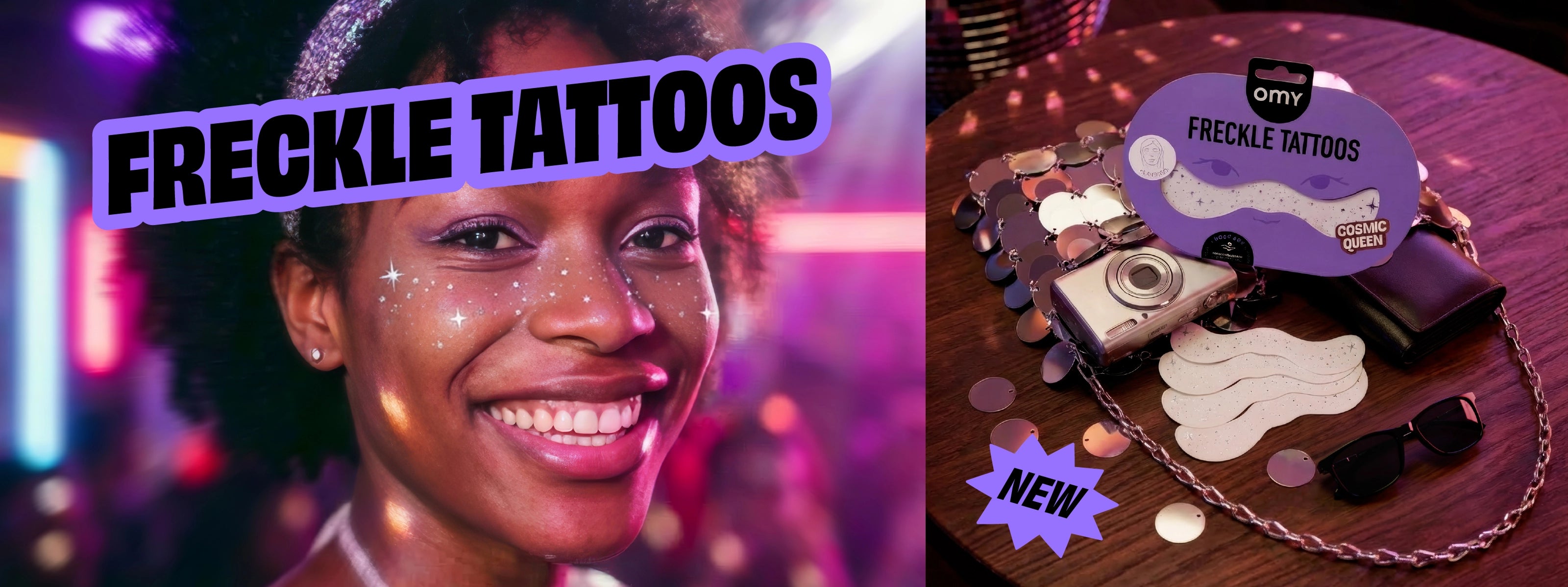 Bannière OMY Freckle Tattoos – femme souriante avec tatouages taches de rousseur scintillantes, nouveau produit Cosmic Queen disponible sur omy