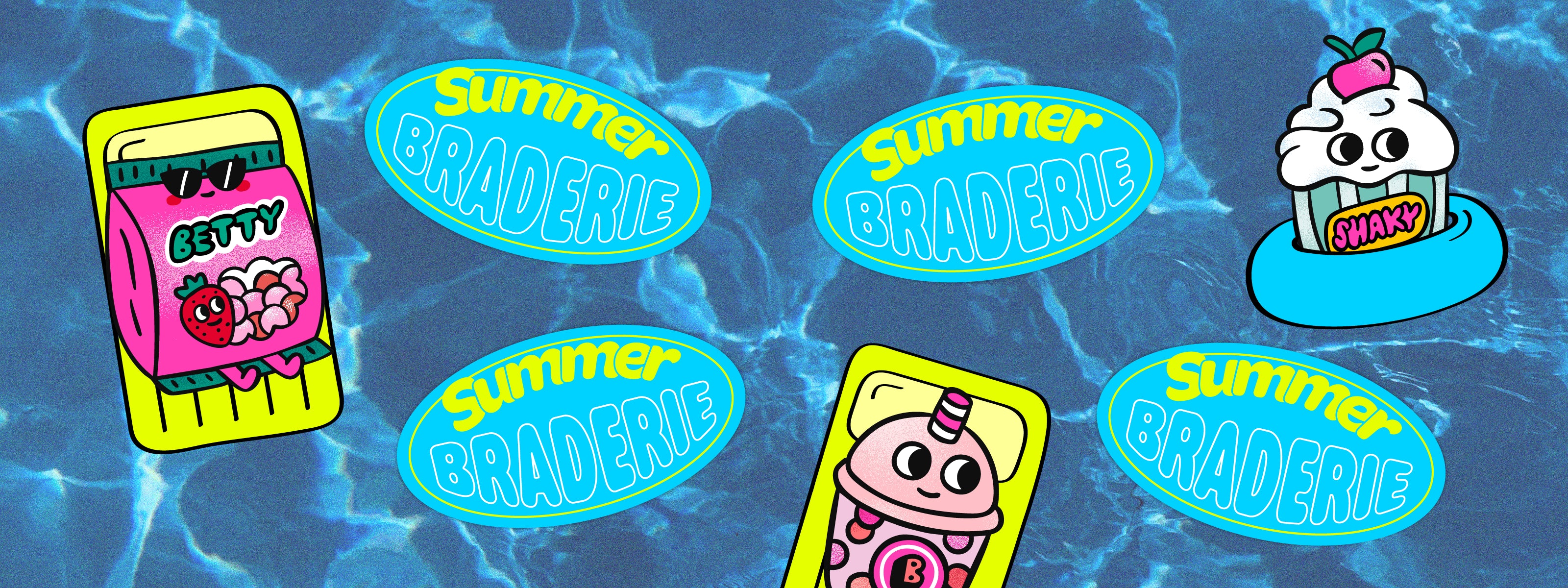 Bannière Summer Braderie OMY : mascottes Betty et Shaky sur bouées flottant dans une piscine bleue