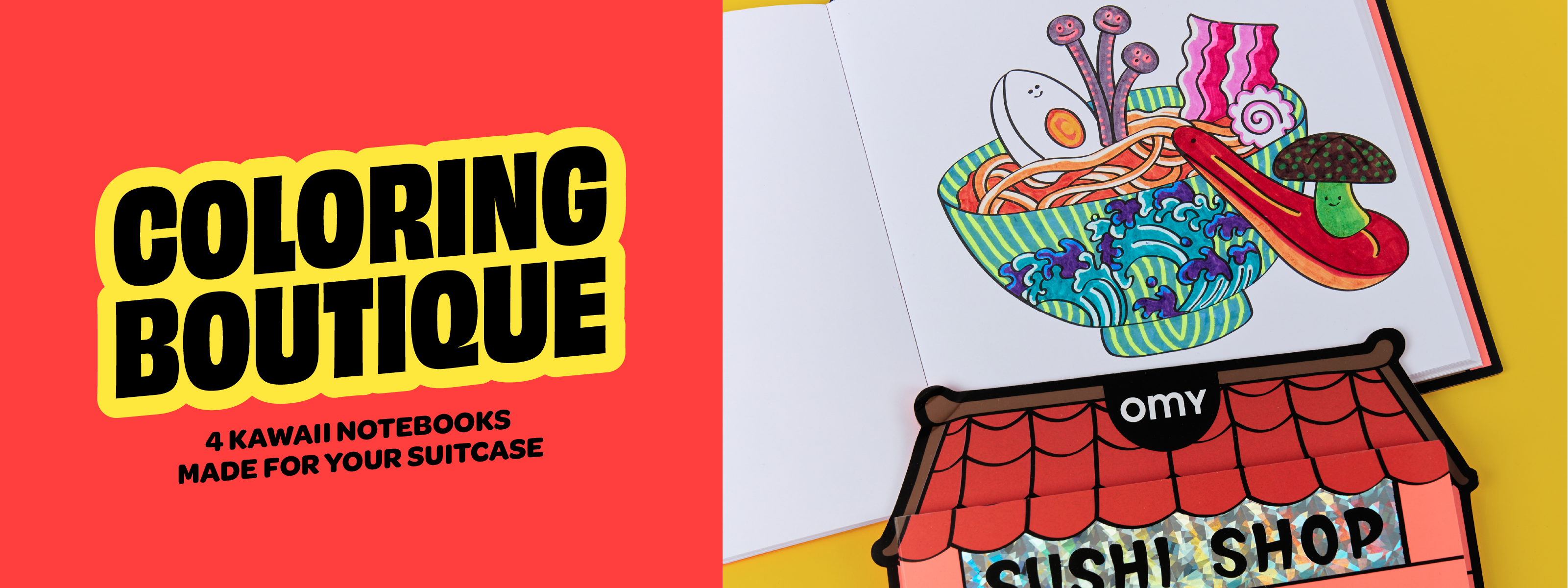 Coloring Boutique Sushi Shop and coloured ramen illustration.
