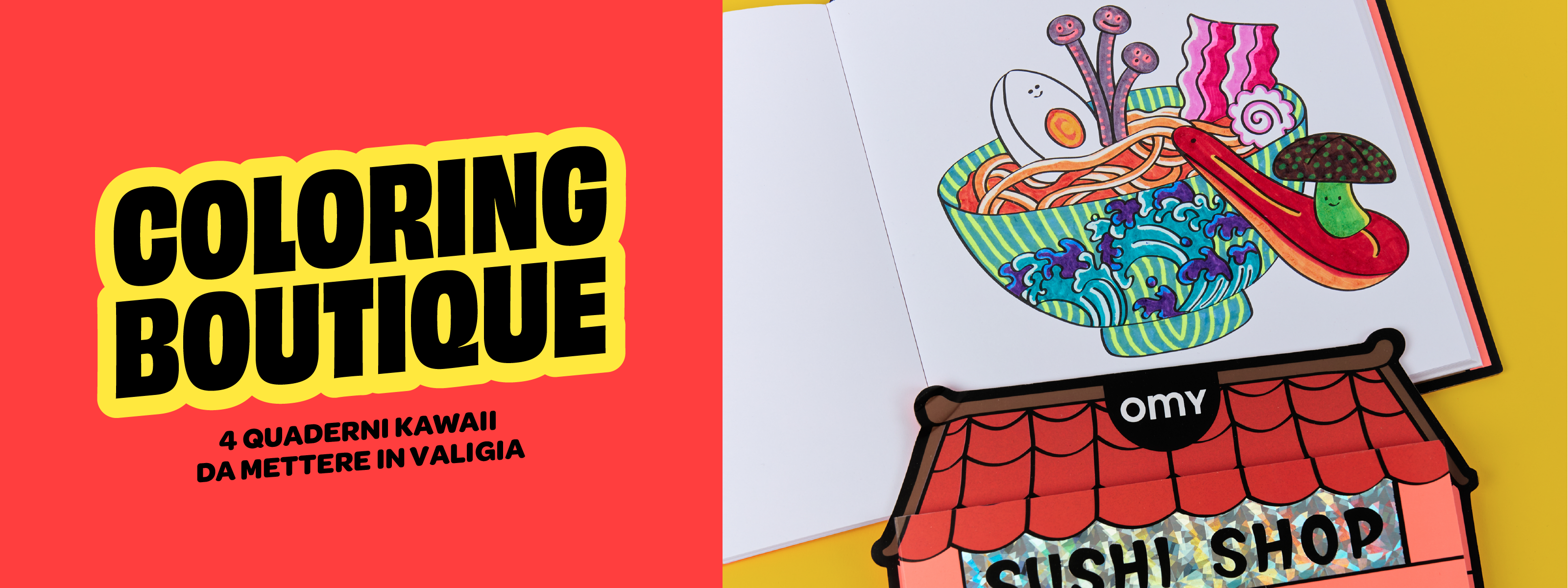 Coloring Boutique Sushi Shop e illustrazione di ramen colorata.