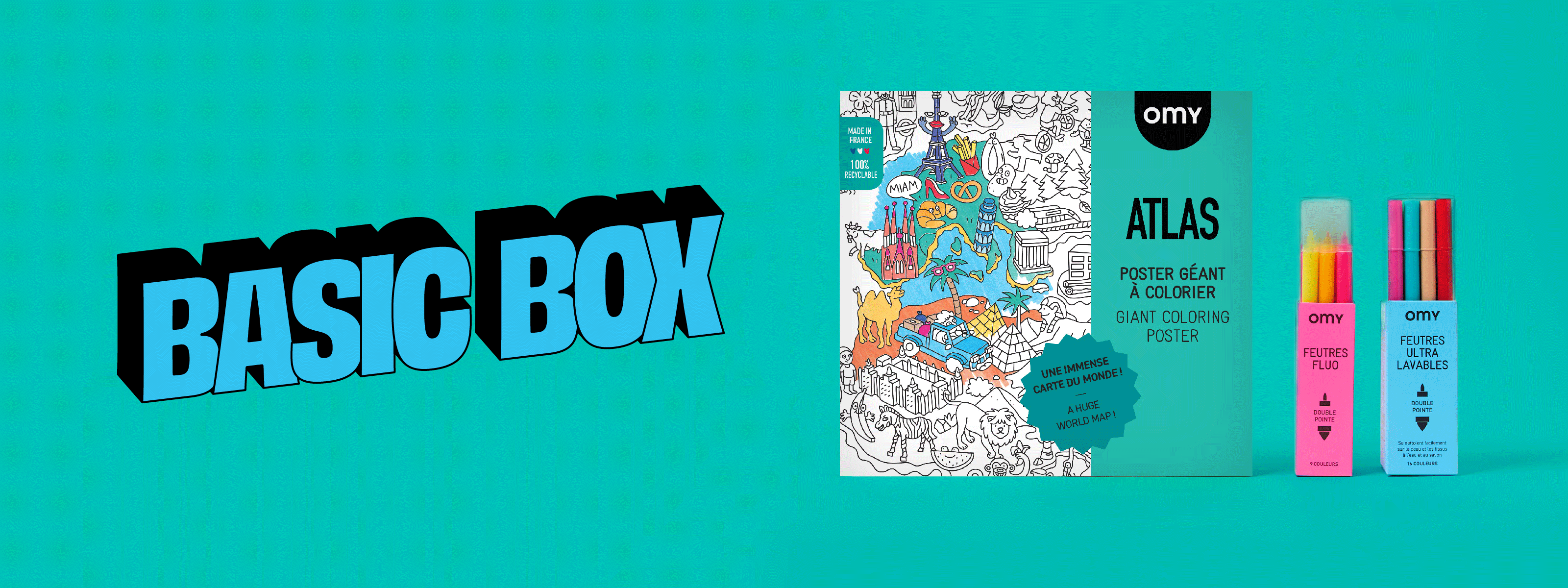 Bannière desktop – Coffret créatif Basic Box OMY avec poster géant à colorier + feutres ultra lavables – Activité artistique pour enfants