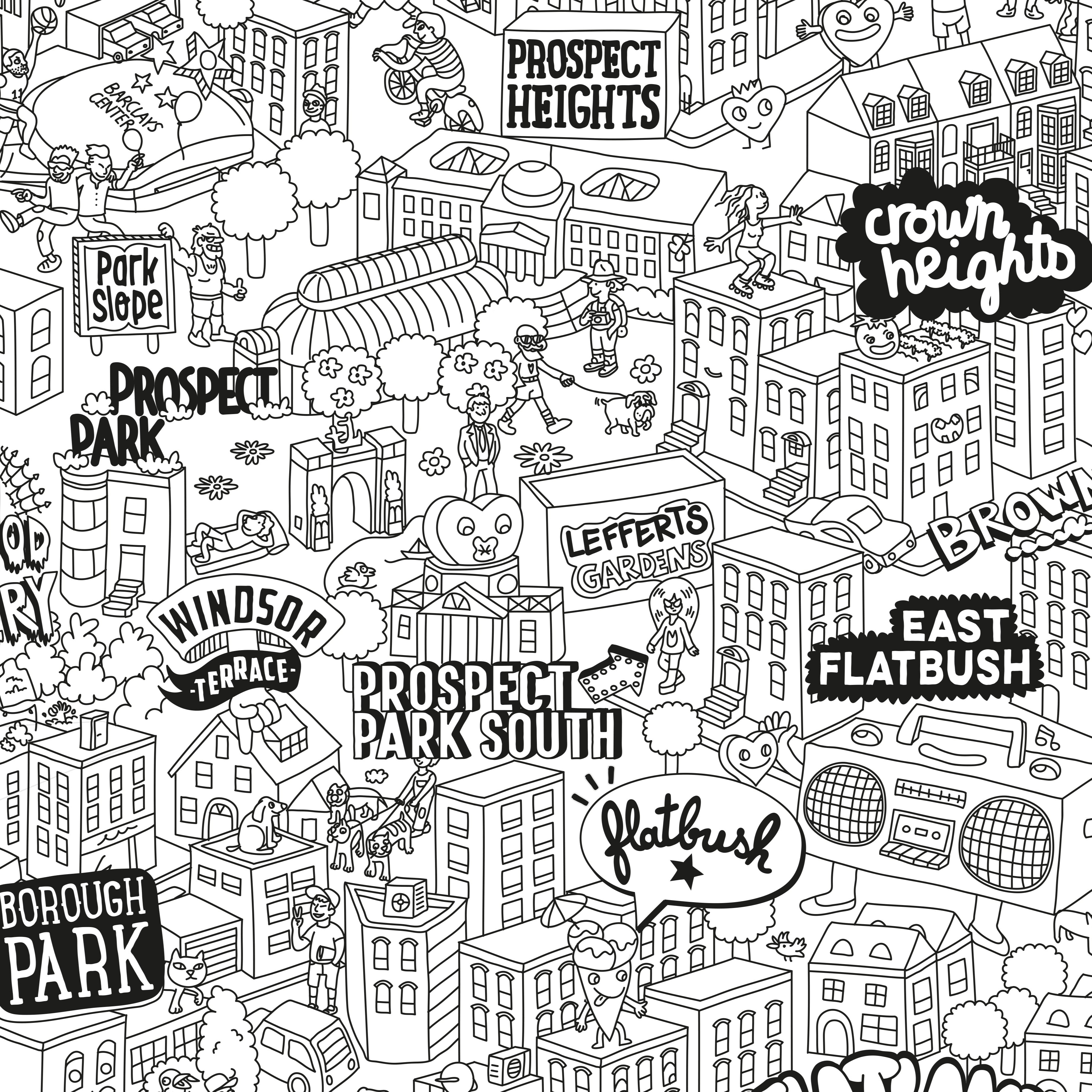 Poster Brooklyn OMY en version noir et blanc, vue complète avec quartiers illustrés