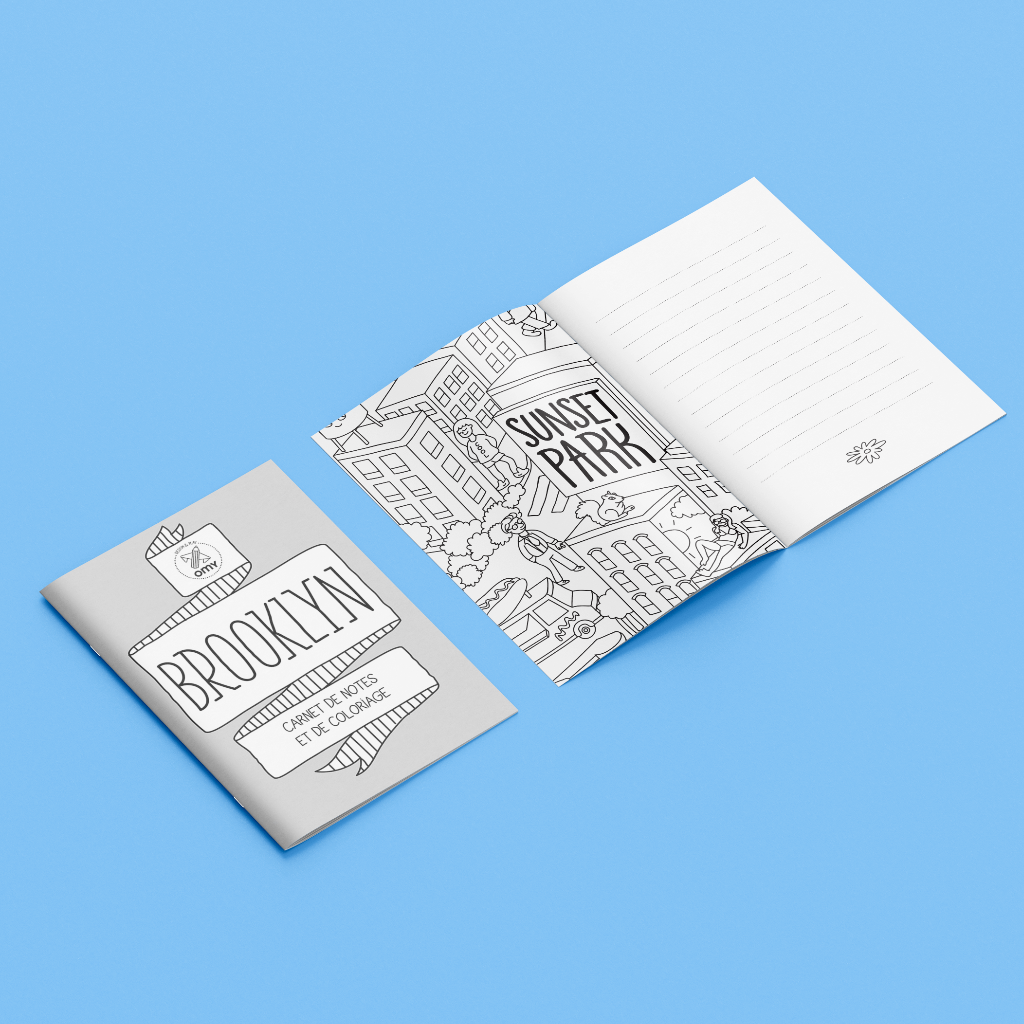 OMY Brooklyn Notiz- und Ausmalbuch: Cover und aufgeschlagene Seite Sunset Park zum Ausmalen, auf blauem Hintergrund