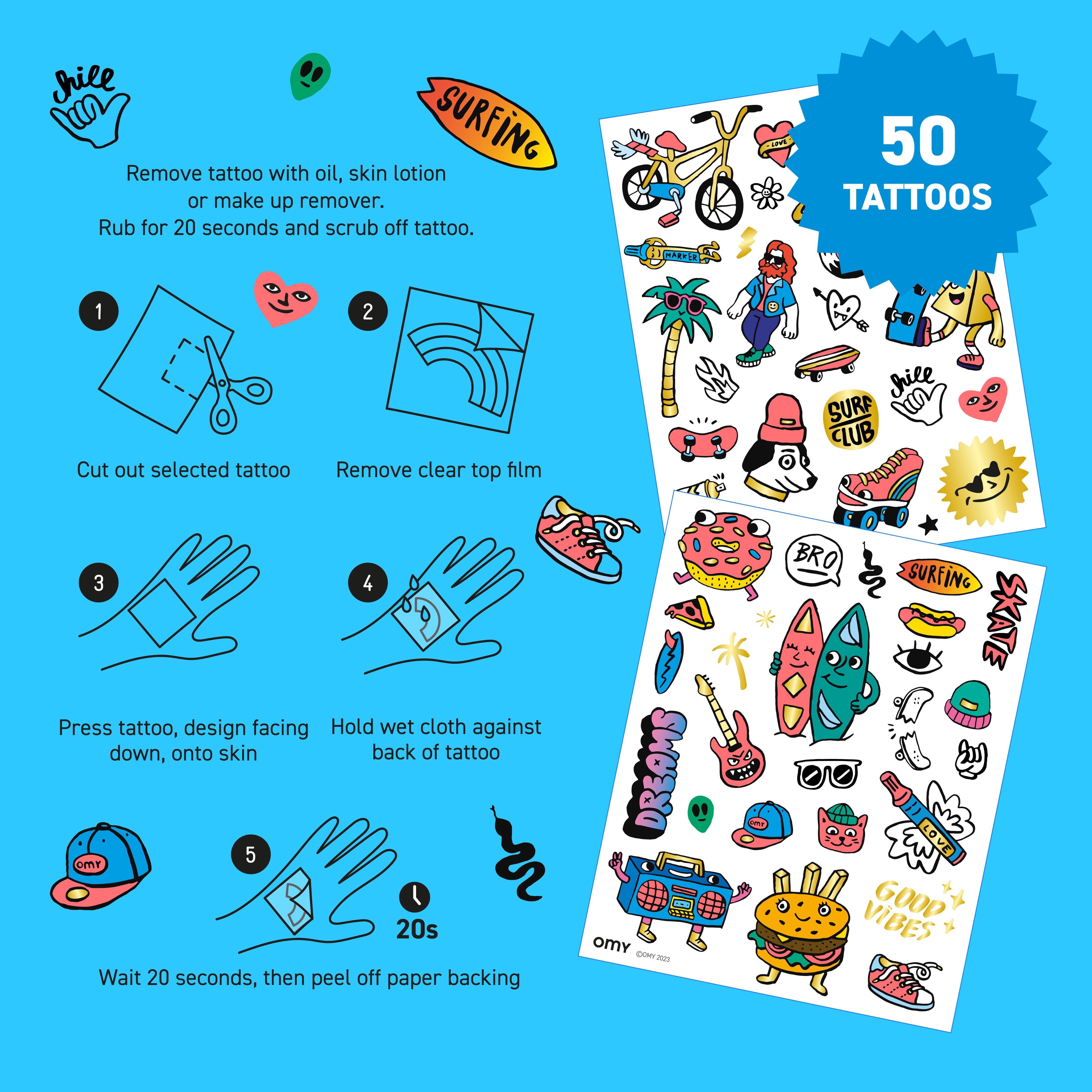 Planches complètes Tattoos OMY Surf & Skate – 50 motifs fluo et dorés inspirés de la glisse