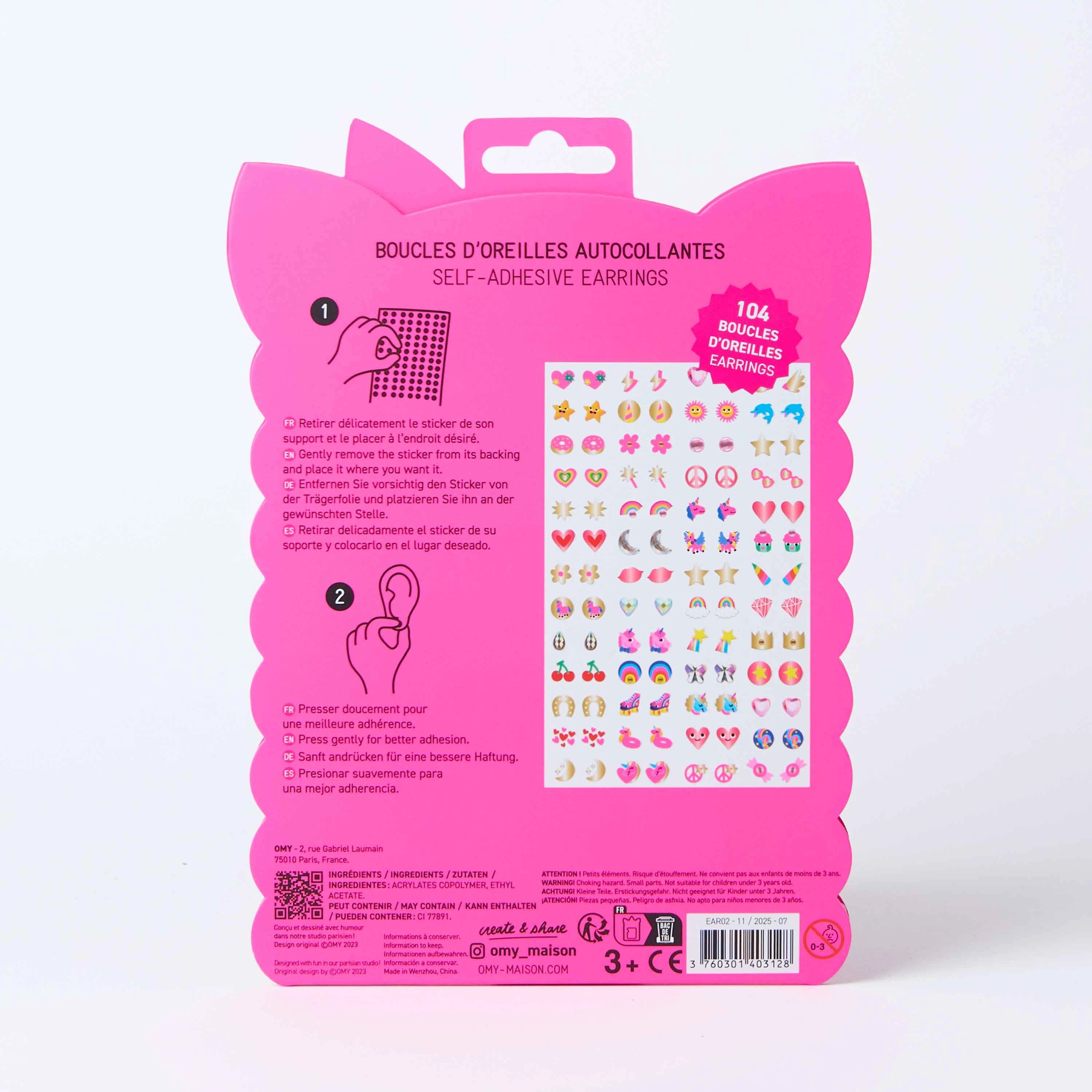 Coffret OMY Lily Earring bijoux autocollants enfant, packaging stickers oreilles fantaisie.