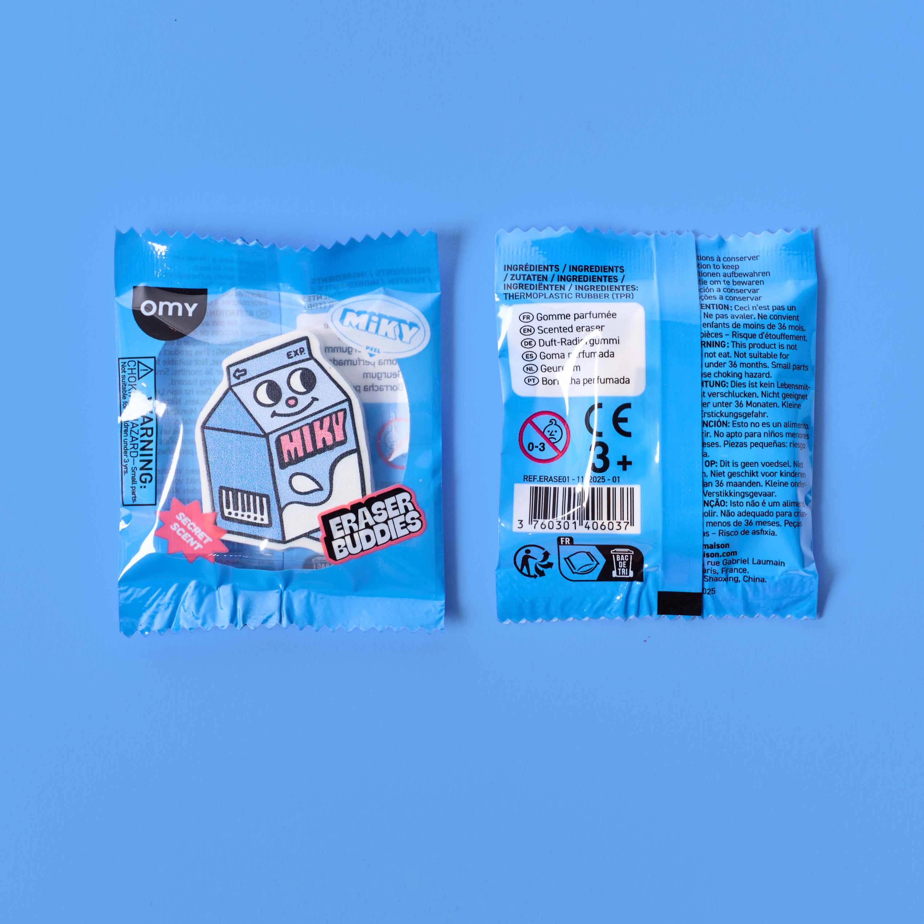 Packaging gomme OMY Eraser Buddies Miky avec sachet individuel et design lait parfumé