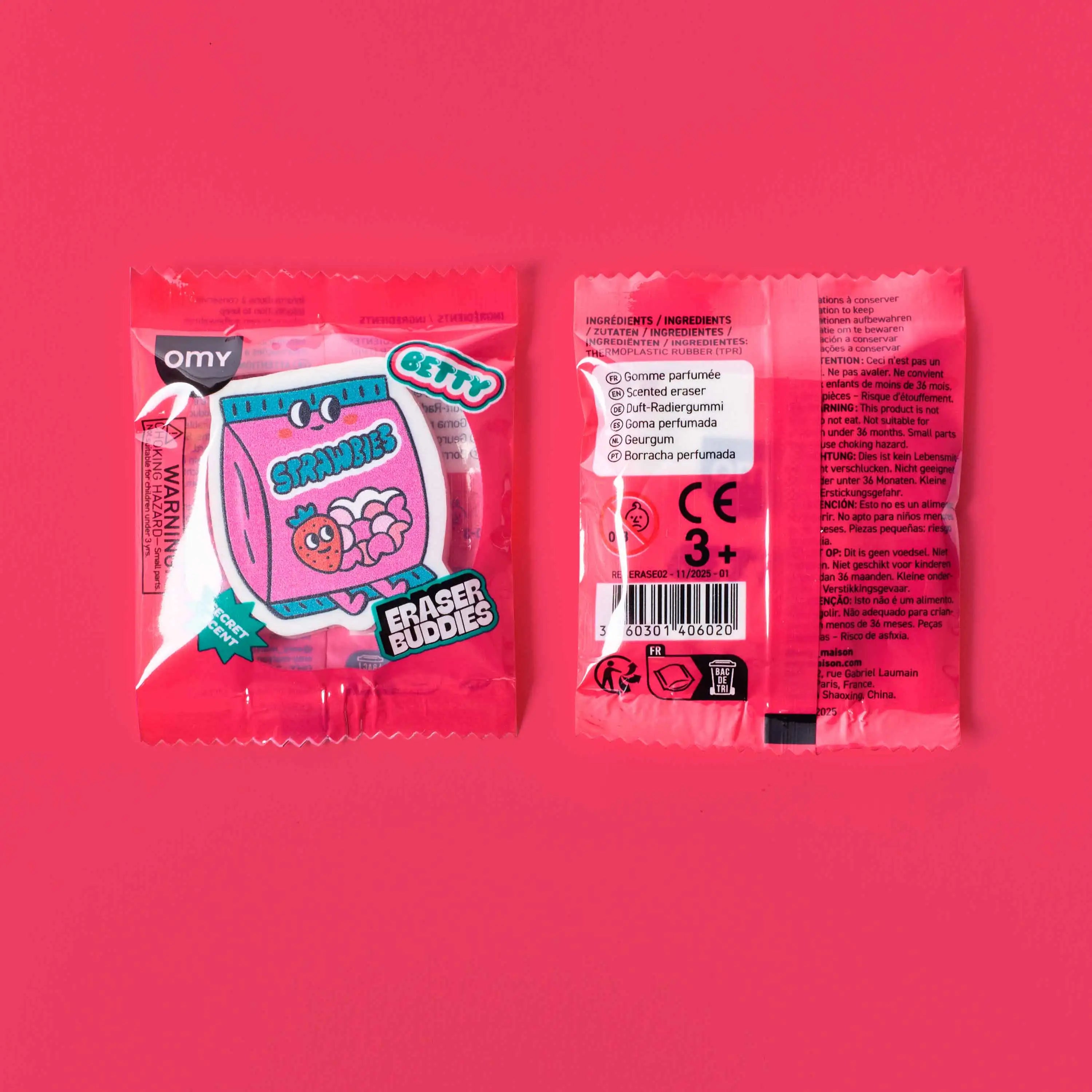 Packaging gomme OMY Eraser Buddies Betty avec sachet individuel parfum fraise
