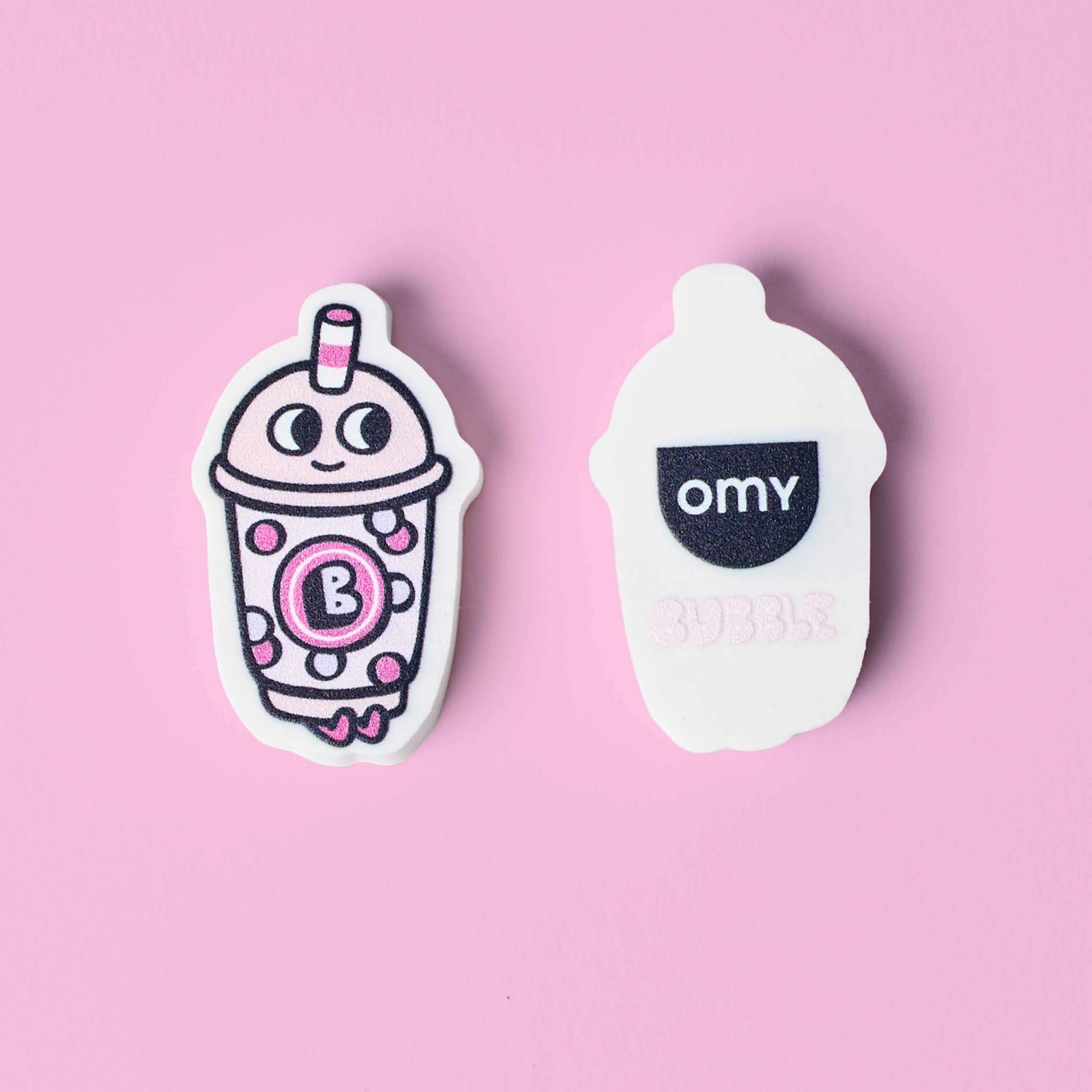 gomme kawaii bubble tea parfumee OMY vue face et dos fond rose