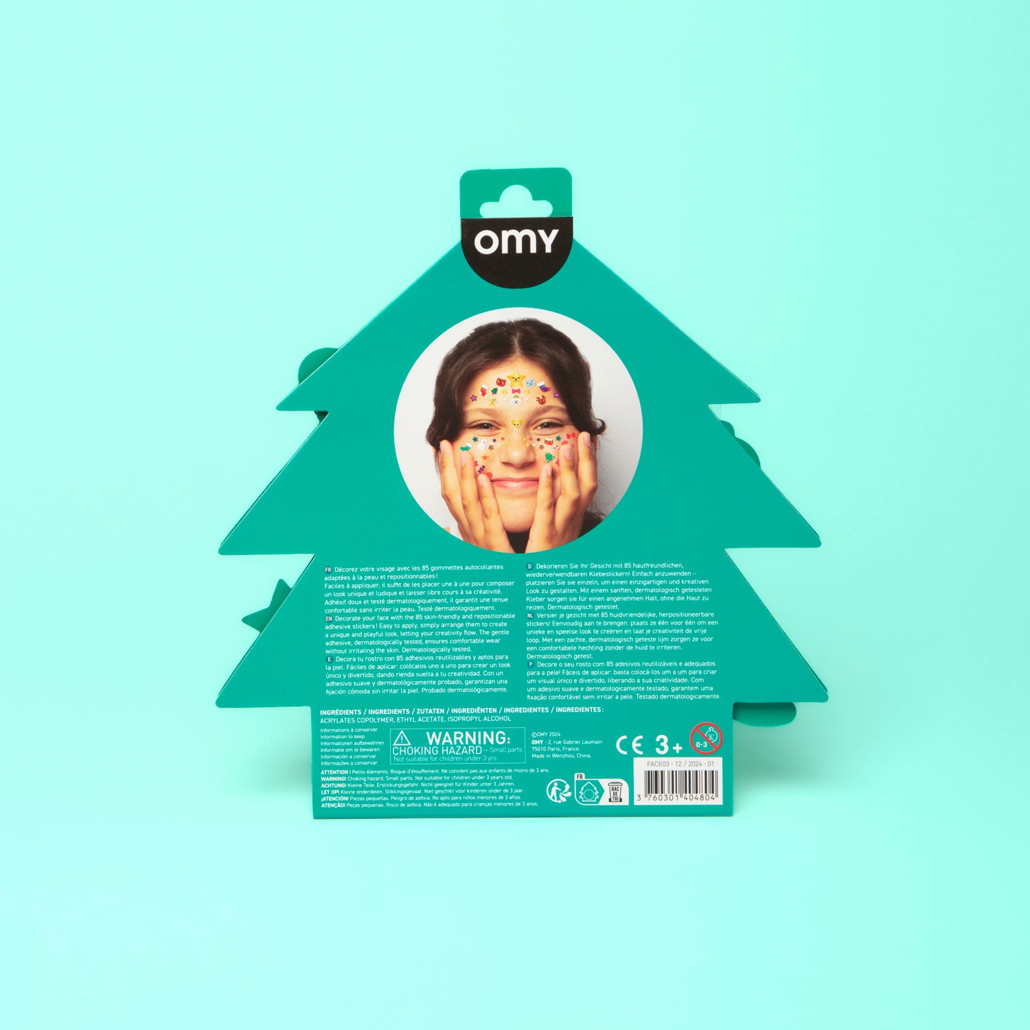 Dos du packaging OMY face stickers en sapin, présentation des modèles inclus de noël