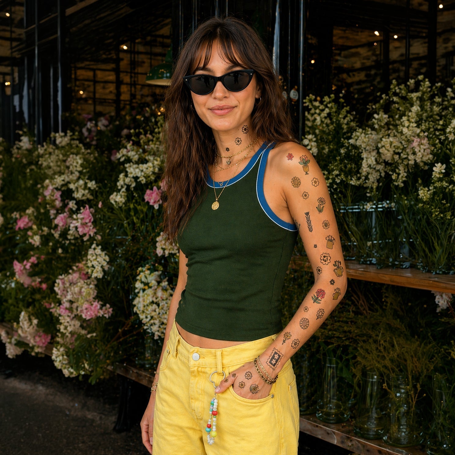 Femme portant des tatouages temporaires floraux OMY sur le bras, habillée d'un débardeur vert et d'un jean jaune, collection Flash Tattoos Flower Pop – modèle Roxanne