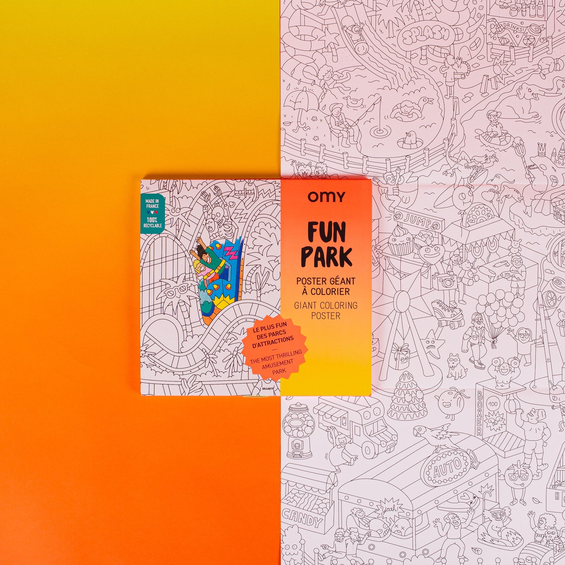 Poster OMY "Fun Park" encadré, prêt à colorier avec des attractions détaillées