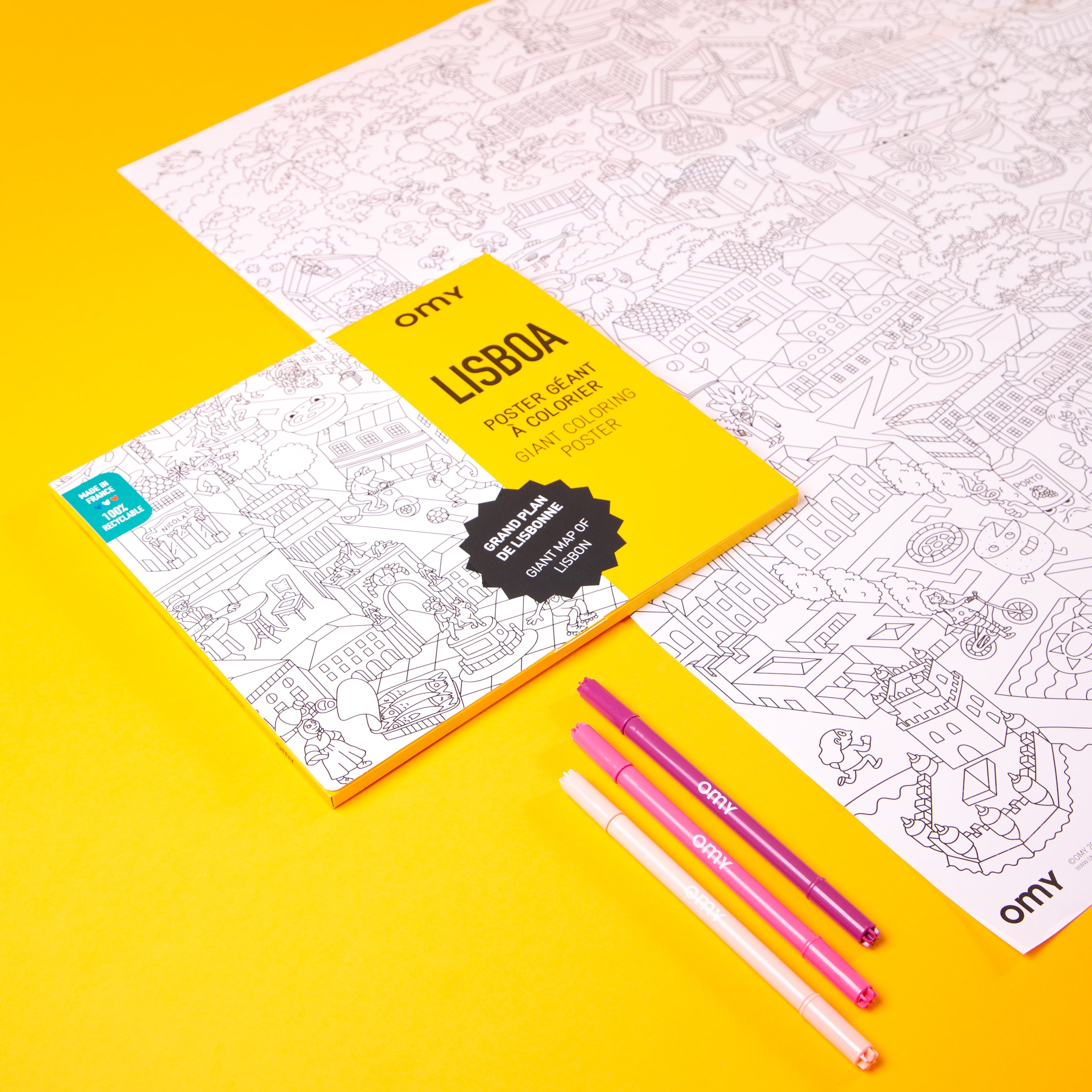 Zoom sur le poster géant Lisbonne à colorier avec étui jaune