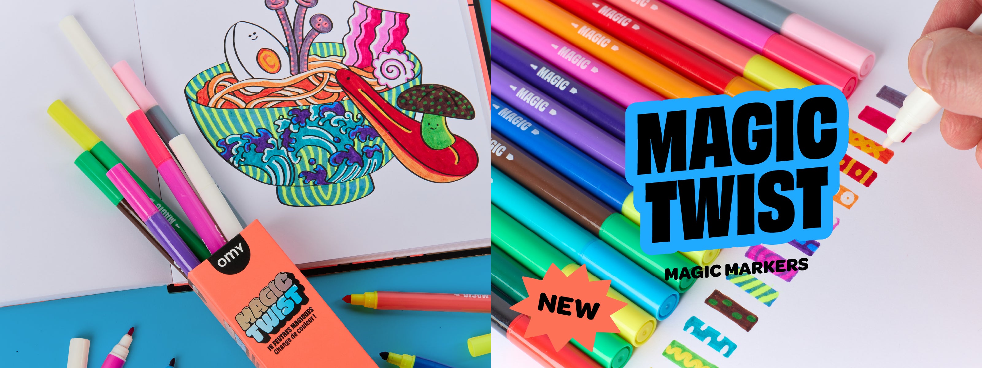 Colouring page and OMY Magic Twist marker set.