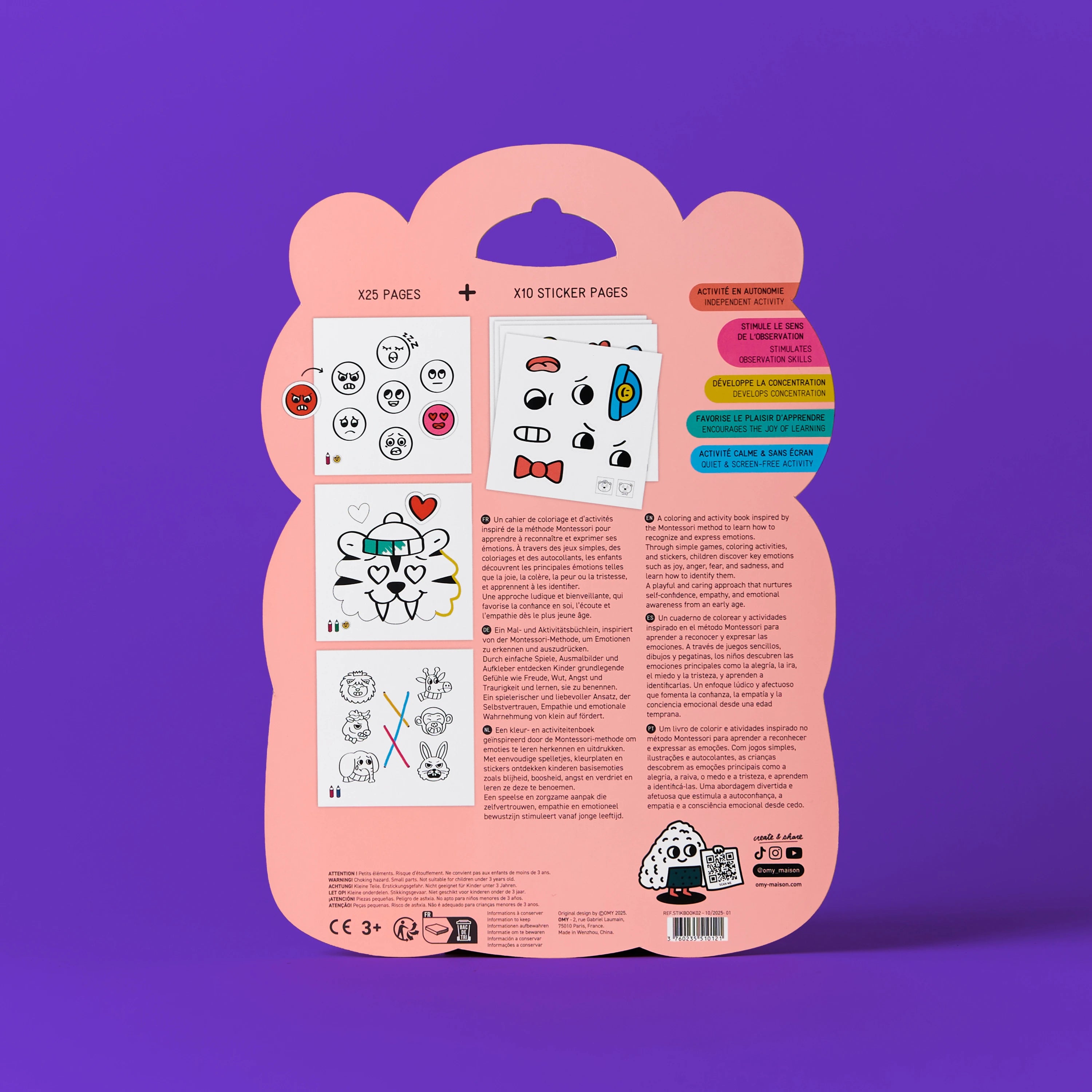 Montessori Stickers Book - Emotions OMY face arrière packaging présentant contenu coloriage et stickers éducatifs pour enfants