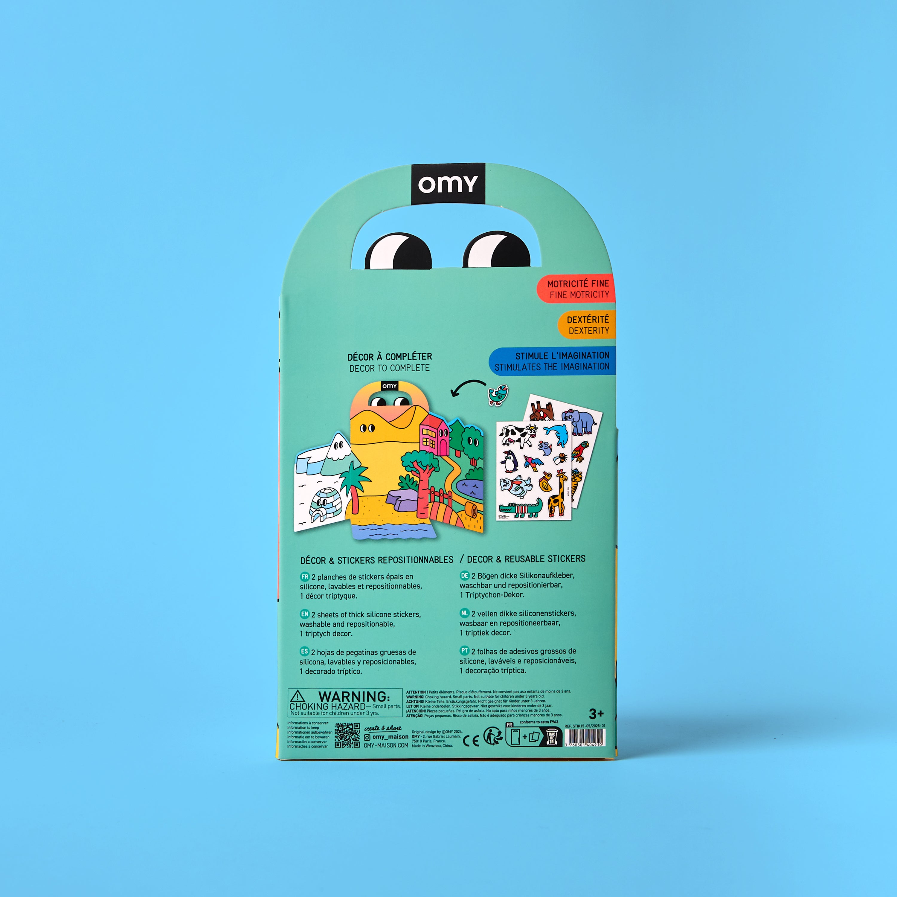 Dos de la boîte Montessori Stickers Kit – Animals d’OMY, montrant le contenu : stickers repositionnables en silicone et décor triptyque coloré avec différents animaux.