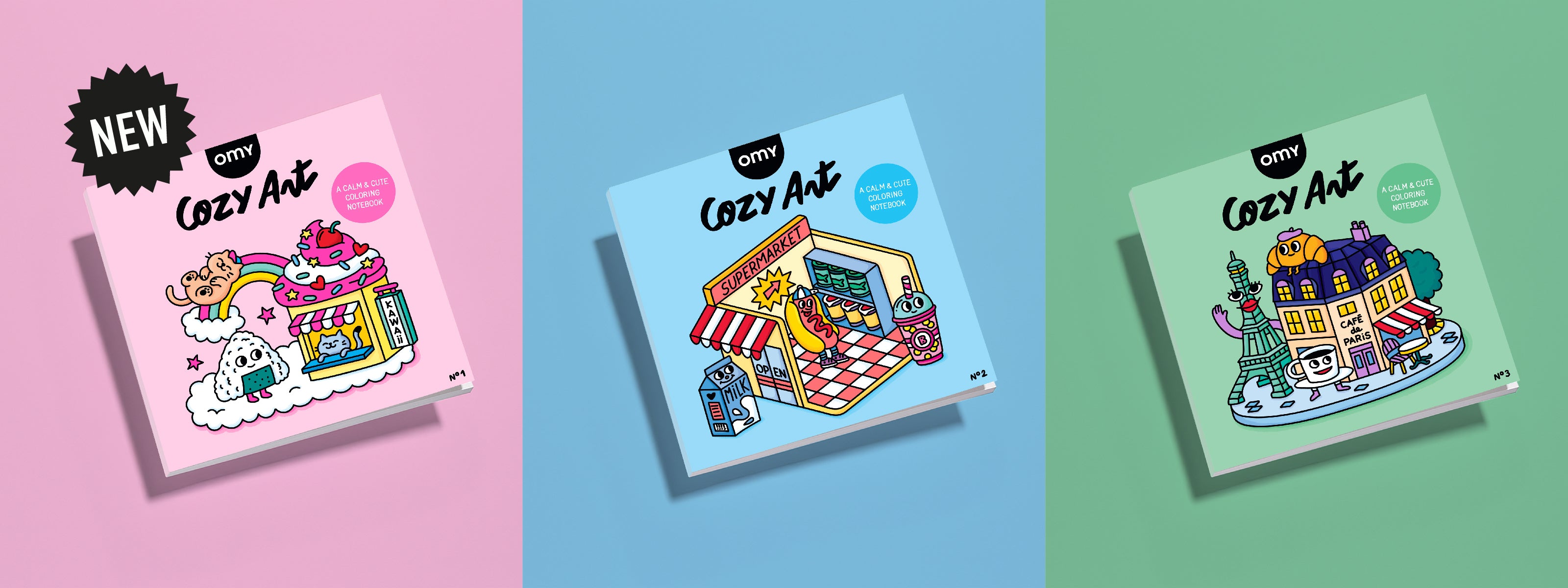 Trois carnets à colorier Cozy Art OMY sur fonds colorés — design kawaii, ambiance pastel et étiquette "NEW" pour la nouveauté. Activité calme et créative pour enfants dès 3 ans.