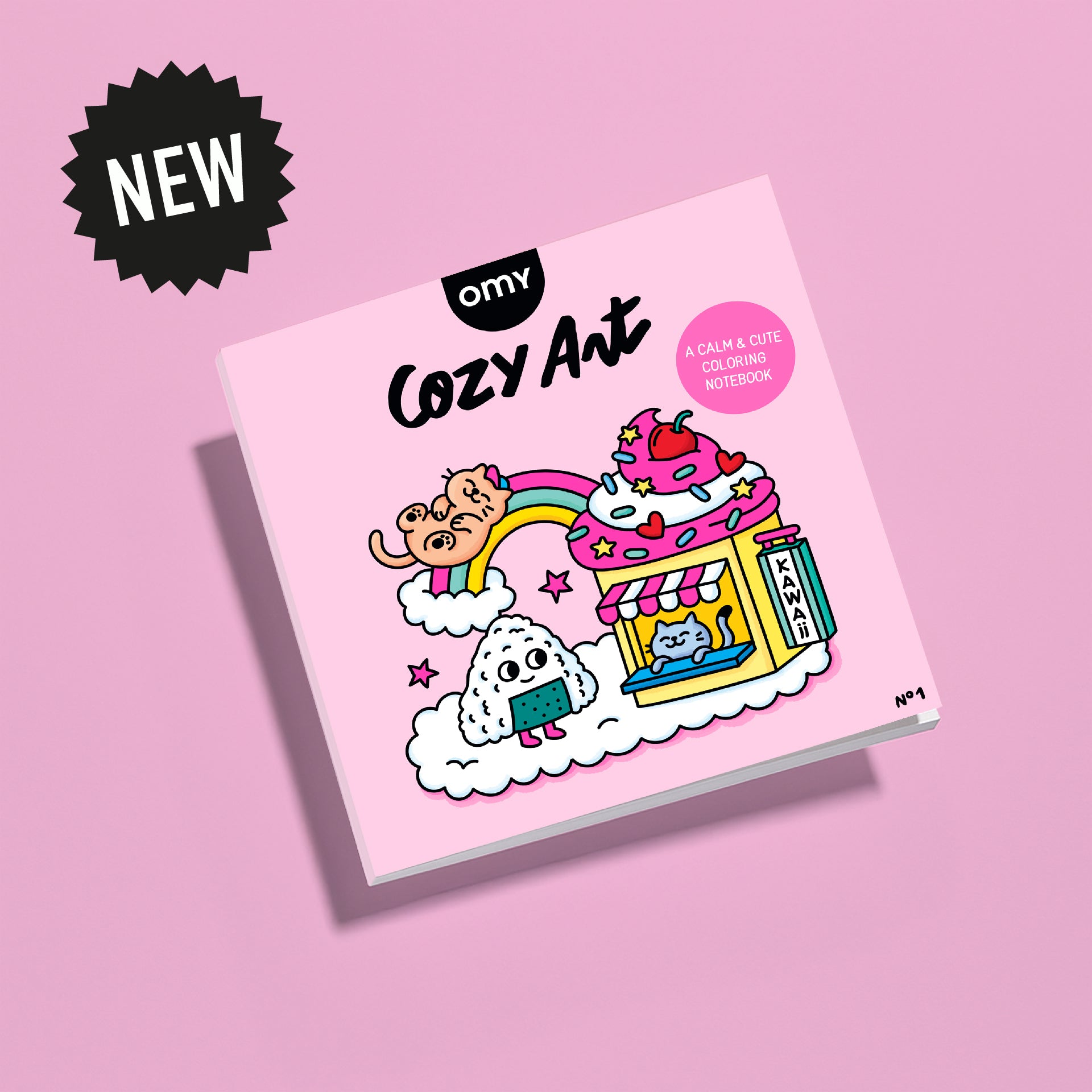 Cahier de coloriage OMY Cozy Art Kawaii – couverture rose illustrée avec des personnages mignons, une pâtisserie kawaii, un nuage souriant, un arc-en-ciel et des animaux adorables – carnet de coloriage apaisant pour enfants et adultes - new