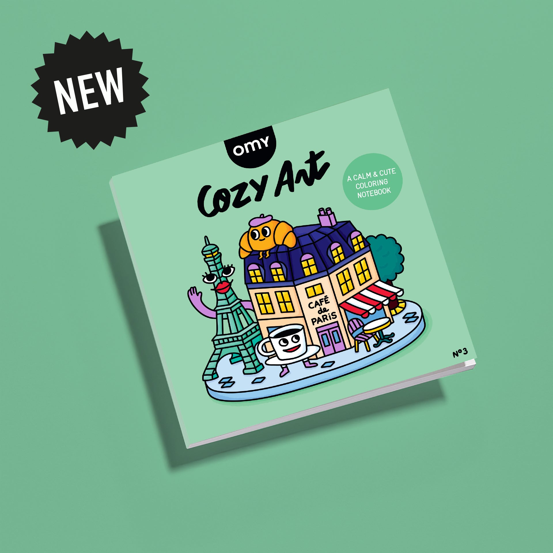 Cahier de coloriage OMY Cozy Art Paris – couverture illustrée avec la tour Eiffel, un café parisien, un croissant et des personnages mignons – carnet créatif et apaisant pour enfants et adultes - new