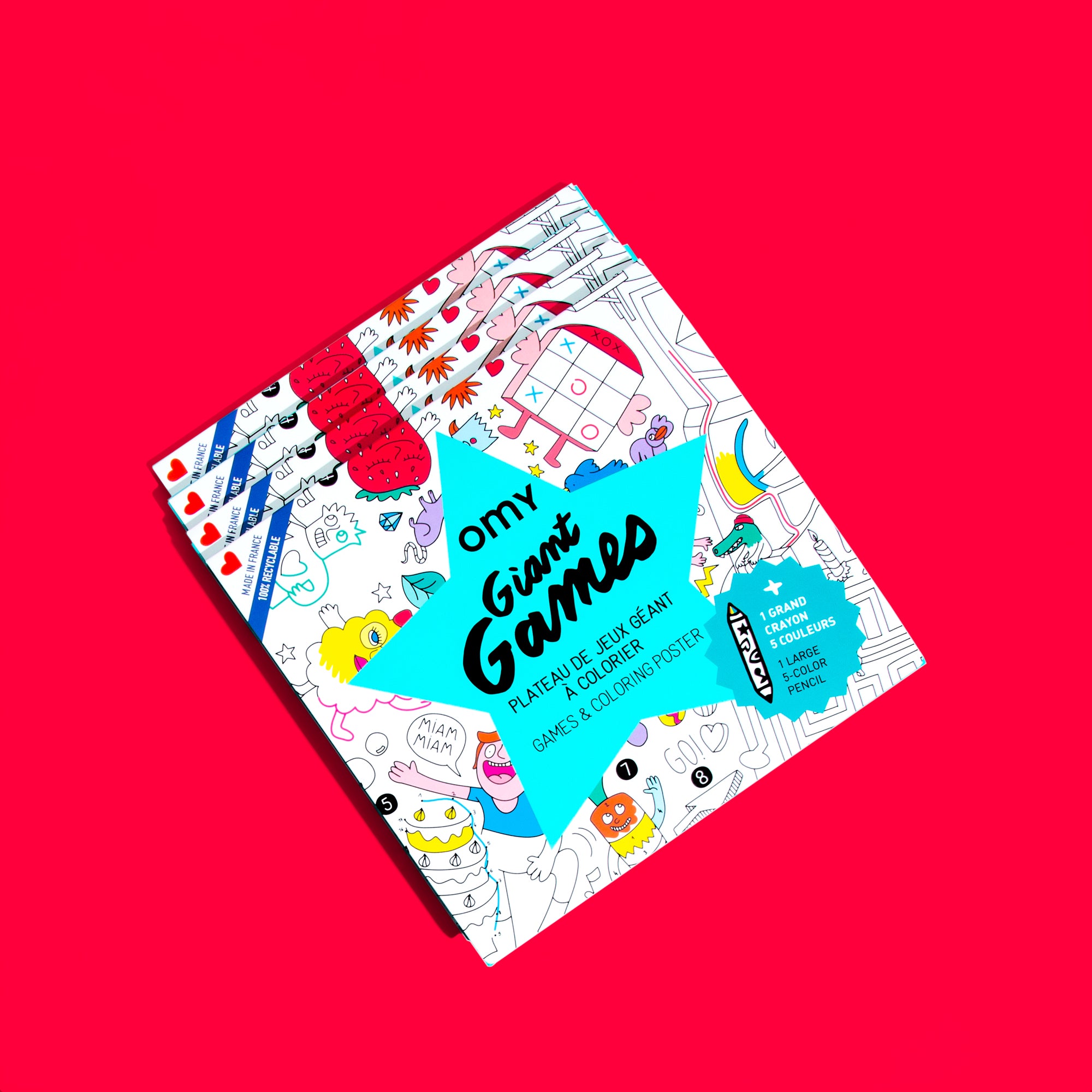 Poster Giant Games d’OMY avec sa boîte – Coloriage géant mêlant humour et jeux éducatifs
