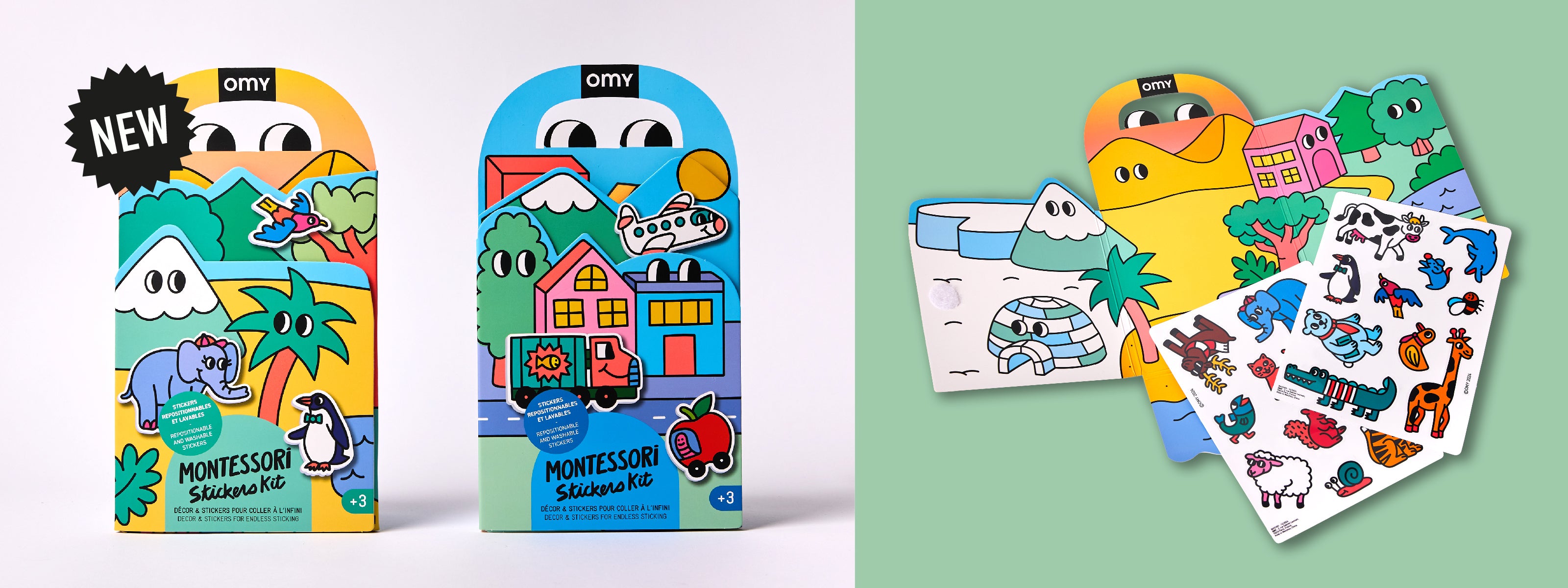 Deux kits Montessori Stickers OMY posés sur fond blanc : version "Animaux" avec éléphant, pingouin et jungle, et version "Vroom Vroom" avec décor urbain et véhicules rigolos. Activité sans écran dès 3 ans, favorise motricité fine et imagination. bannière ordinateur