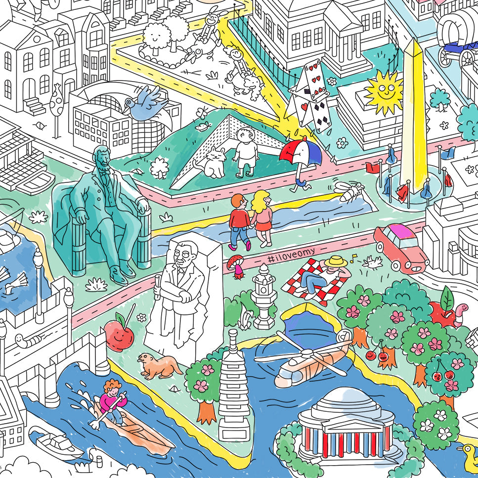 Poster géant Washington OMY colorié – monuments emblématiques et ville illustrée