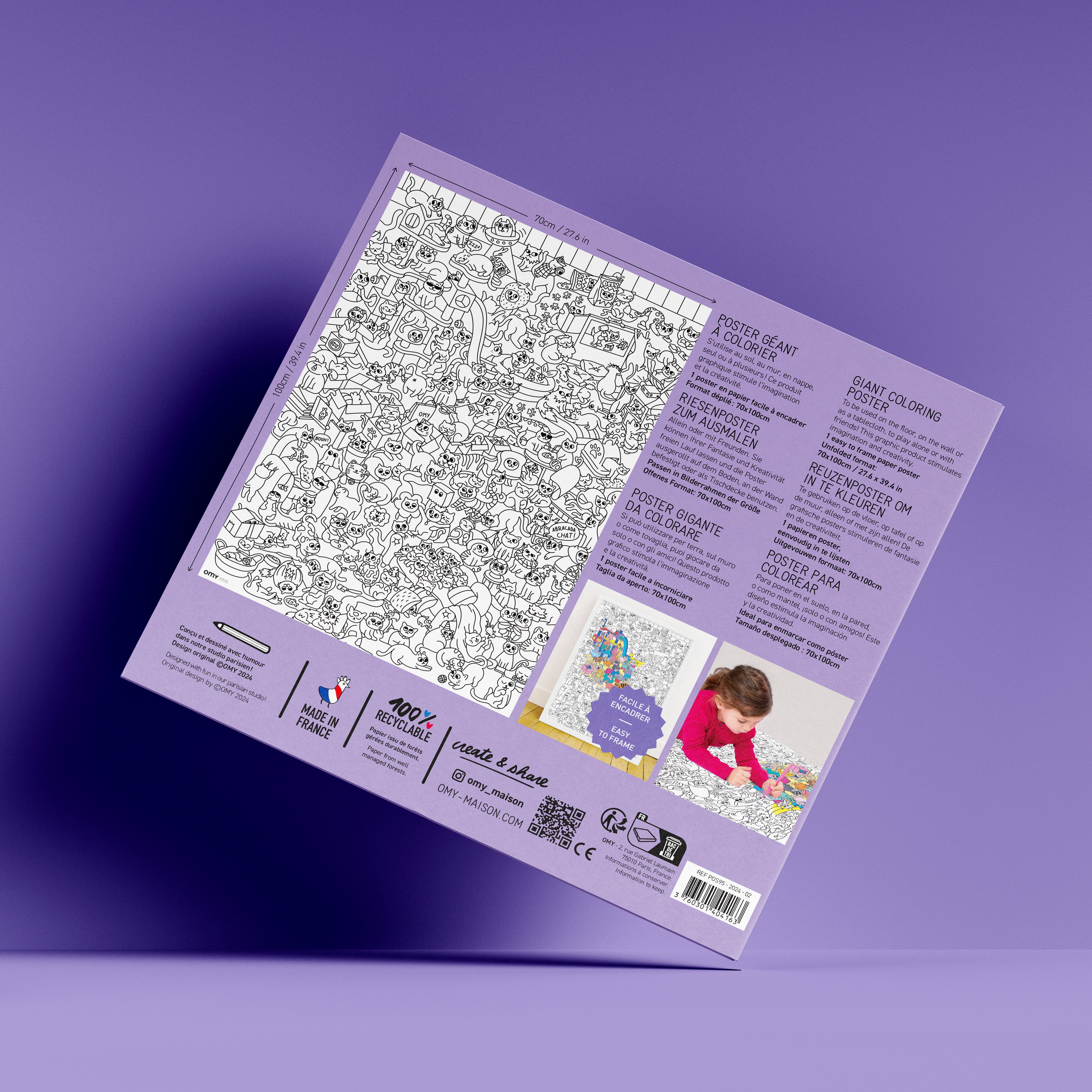 Dos de la boîte du poster géant Kitty OMY avec aperçu de l’illustration en noir et blanc