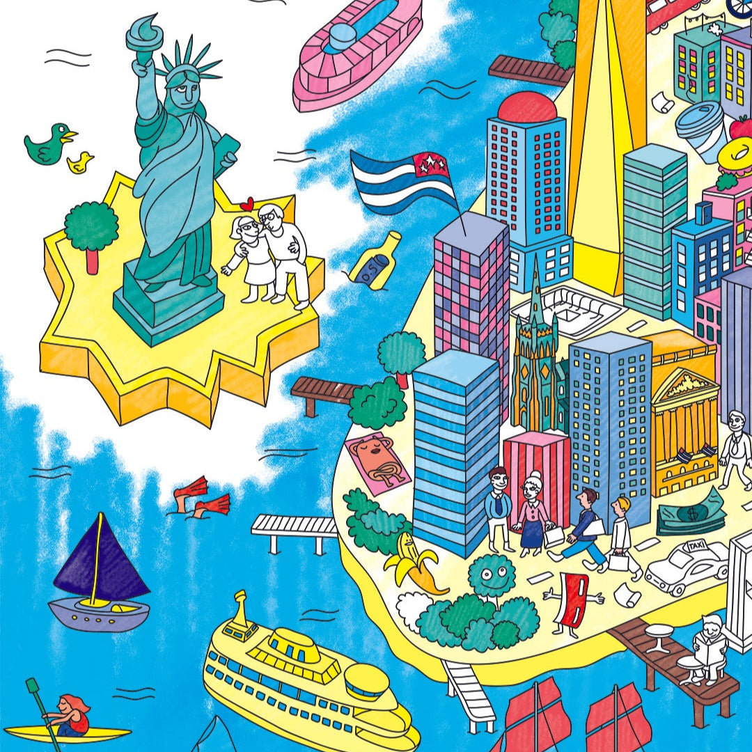 Disegno gigante da colorare di New York – Statua della Libertà e skyline da colorare per bambini e adulti