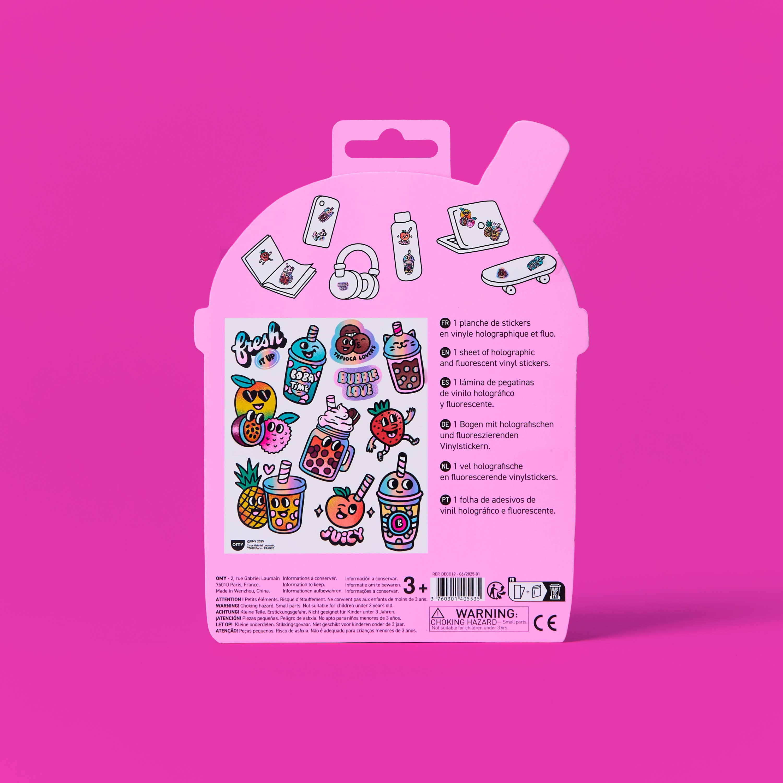 Dos du packaging Fabulous Stickers Bubble Tea OMY avec planche de stickers et informations produit