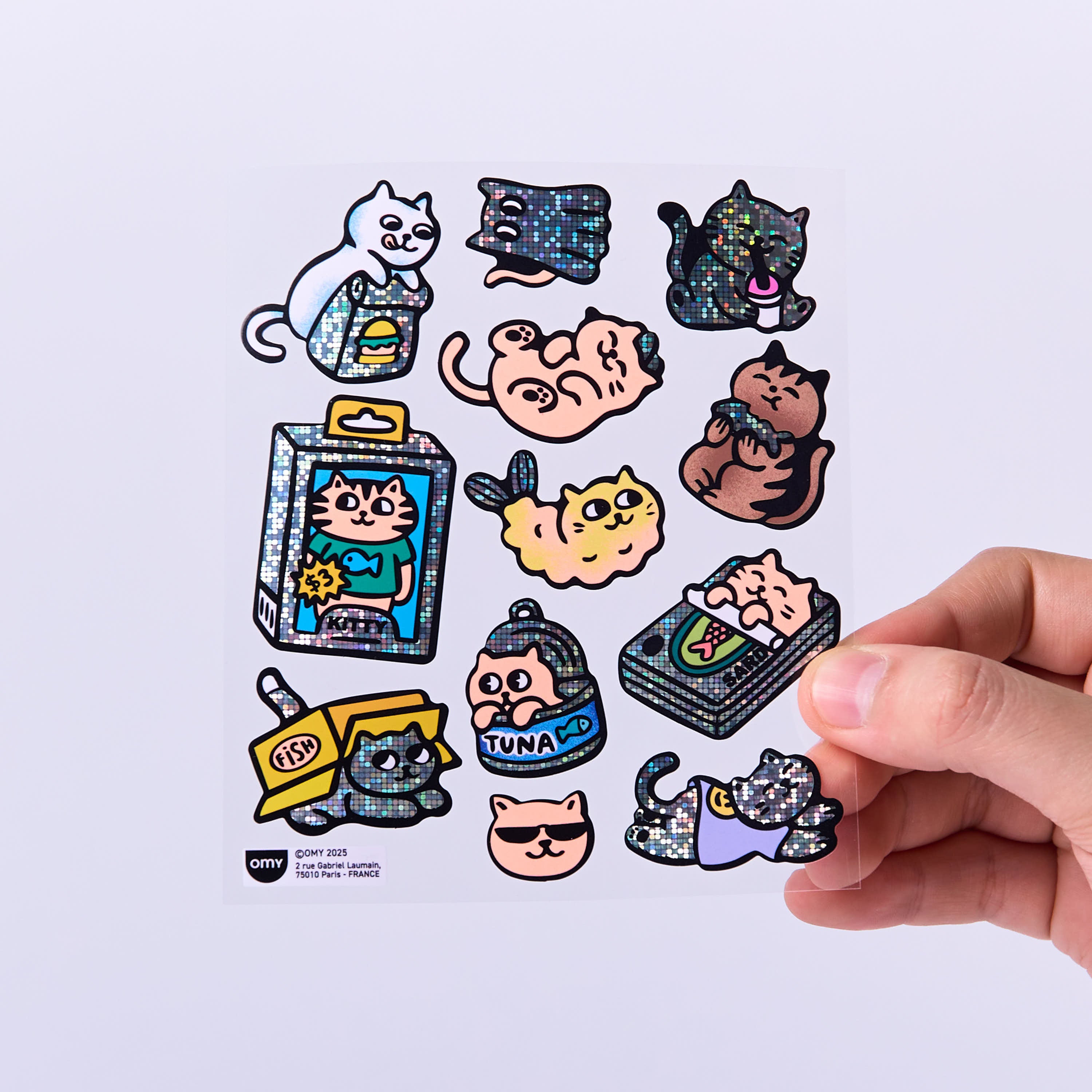 Détails des stickers chats kawaii OMY Fabulous Stickers Kitty, autocollants holographiques en vinyle planche de stickers seule