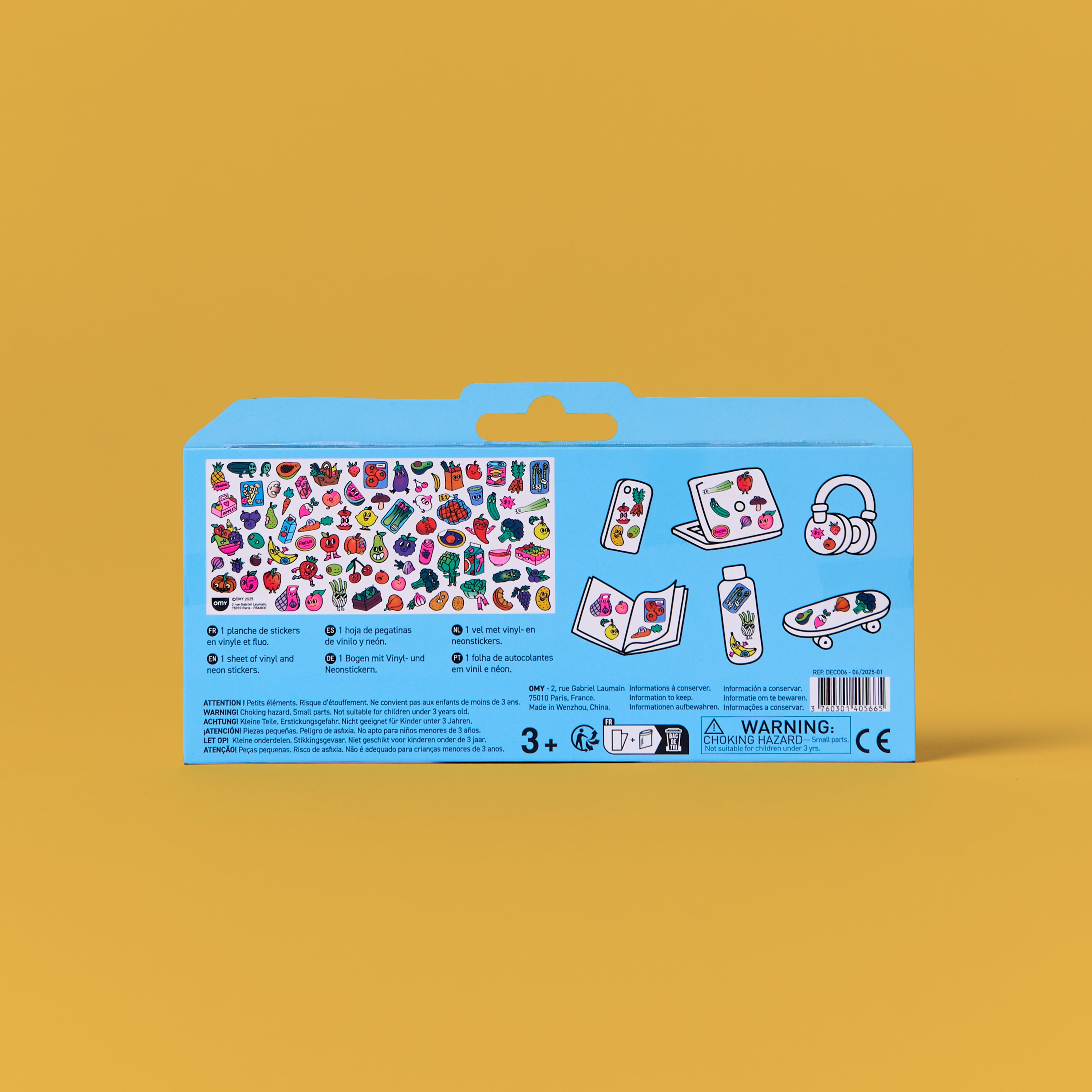 Dos du packaging Fabulous Stickers Farmer’s Market OMY, planche de stickers vinyle fluo et idées d’utilisation