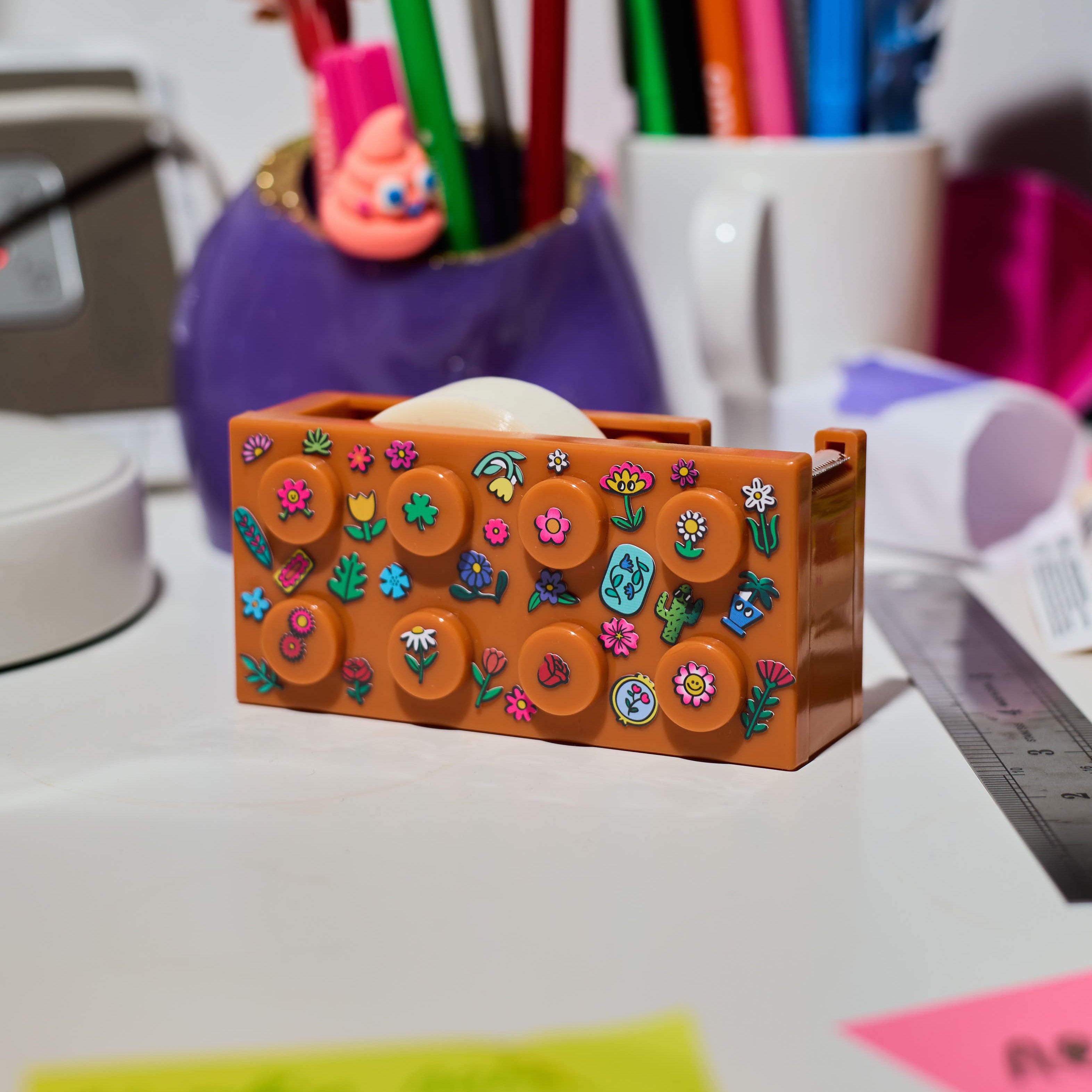 Stickers fleurs Fabulous Stickers Flowers utilisés pour décorer une boîte sur un bureau créatif