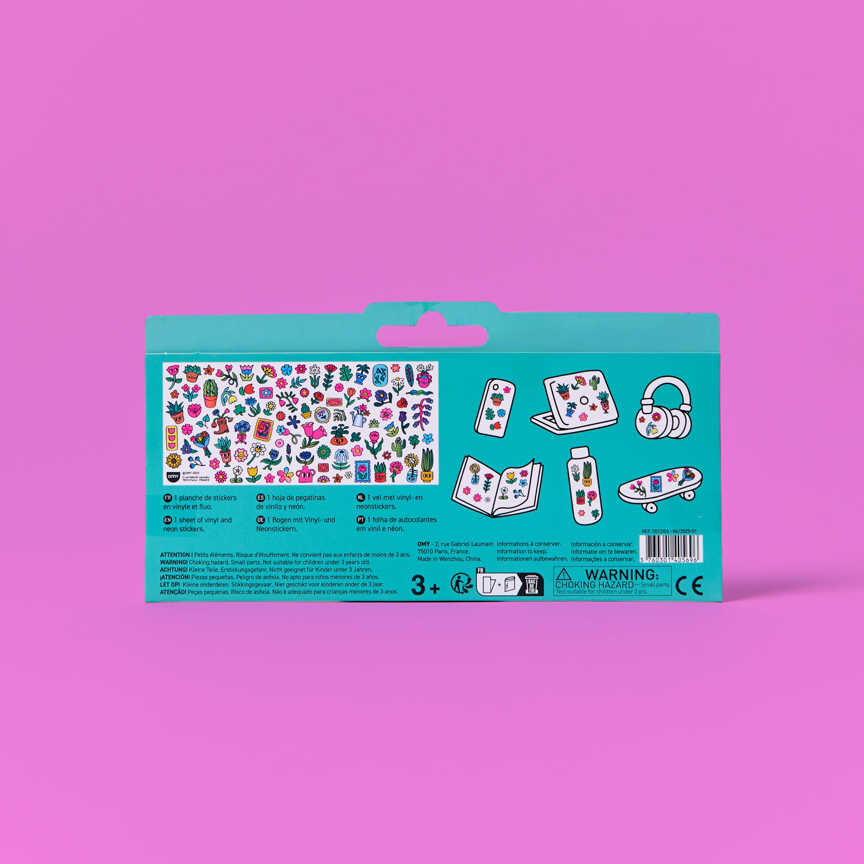 Dos du packaging Fabulous Stickers Flowers montrant les usages sur carnet, téléphone et objets du quotidien