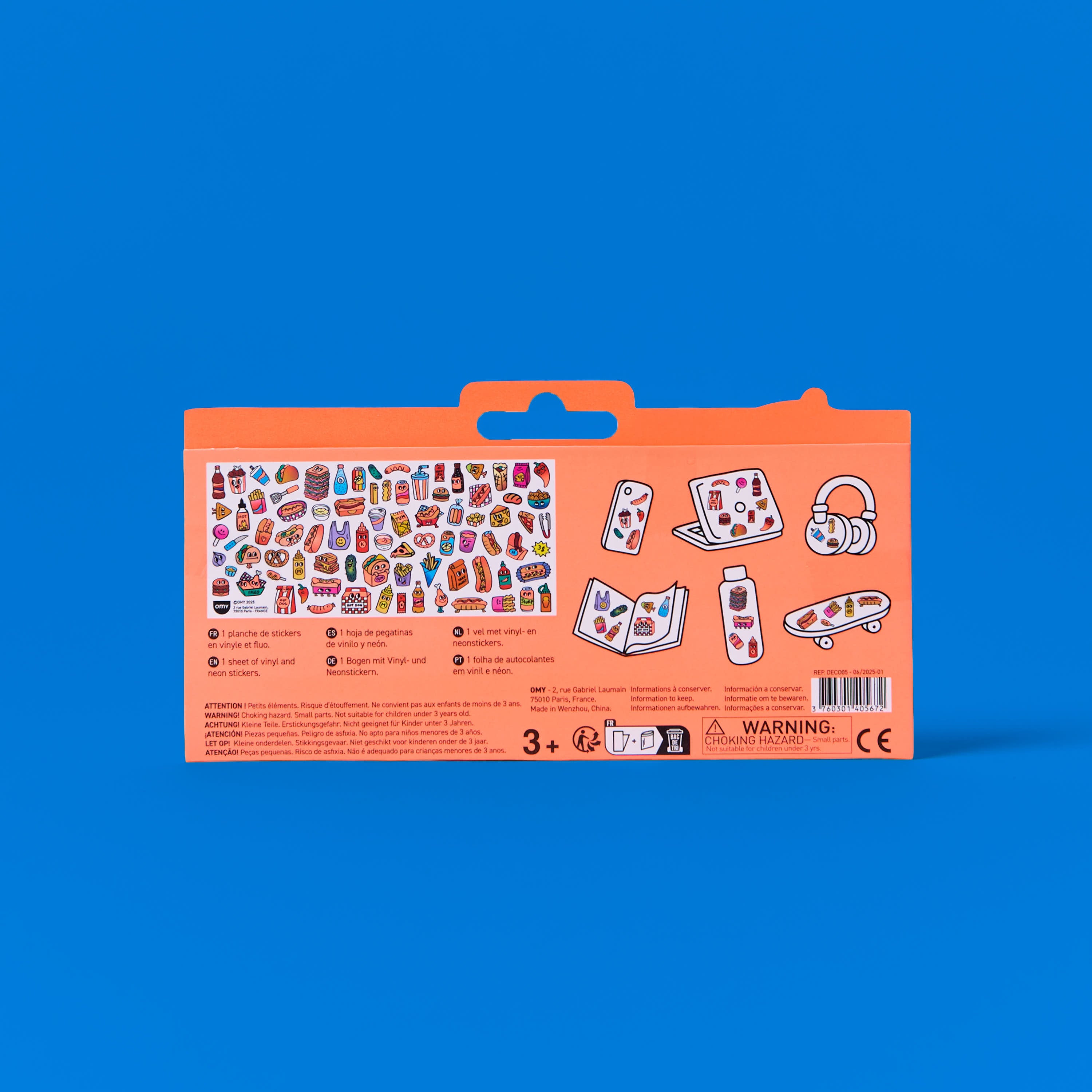 Fabulous Stickers Food Truck Hot Dog OMY, planche de stickers décoratifs vinyle fluo, univers street food et fast-food