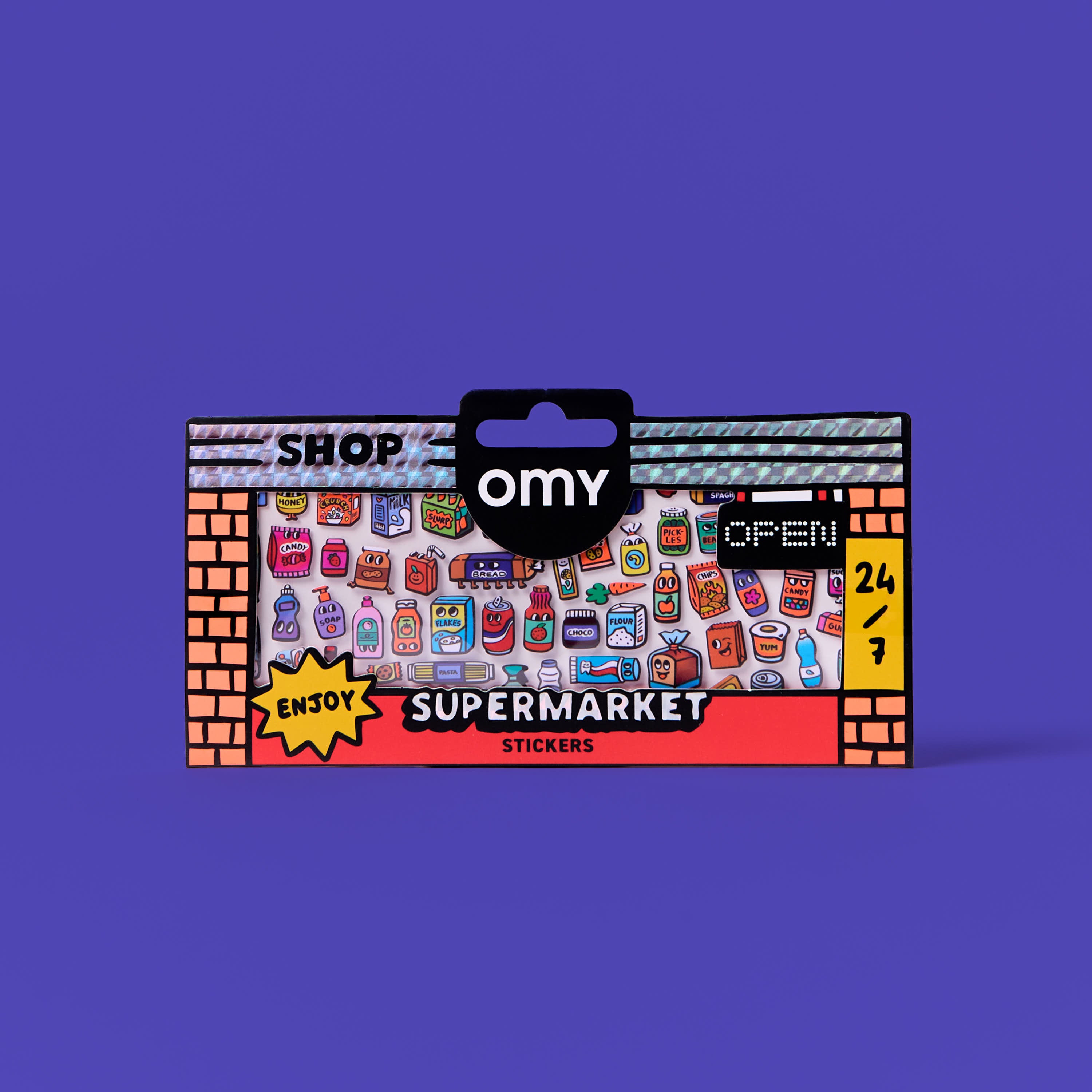 Packaging Fabulous Stickers Supermarket OMY avec illustrations de produits de supermarché