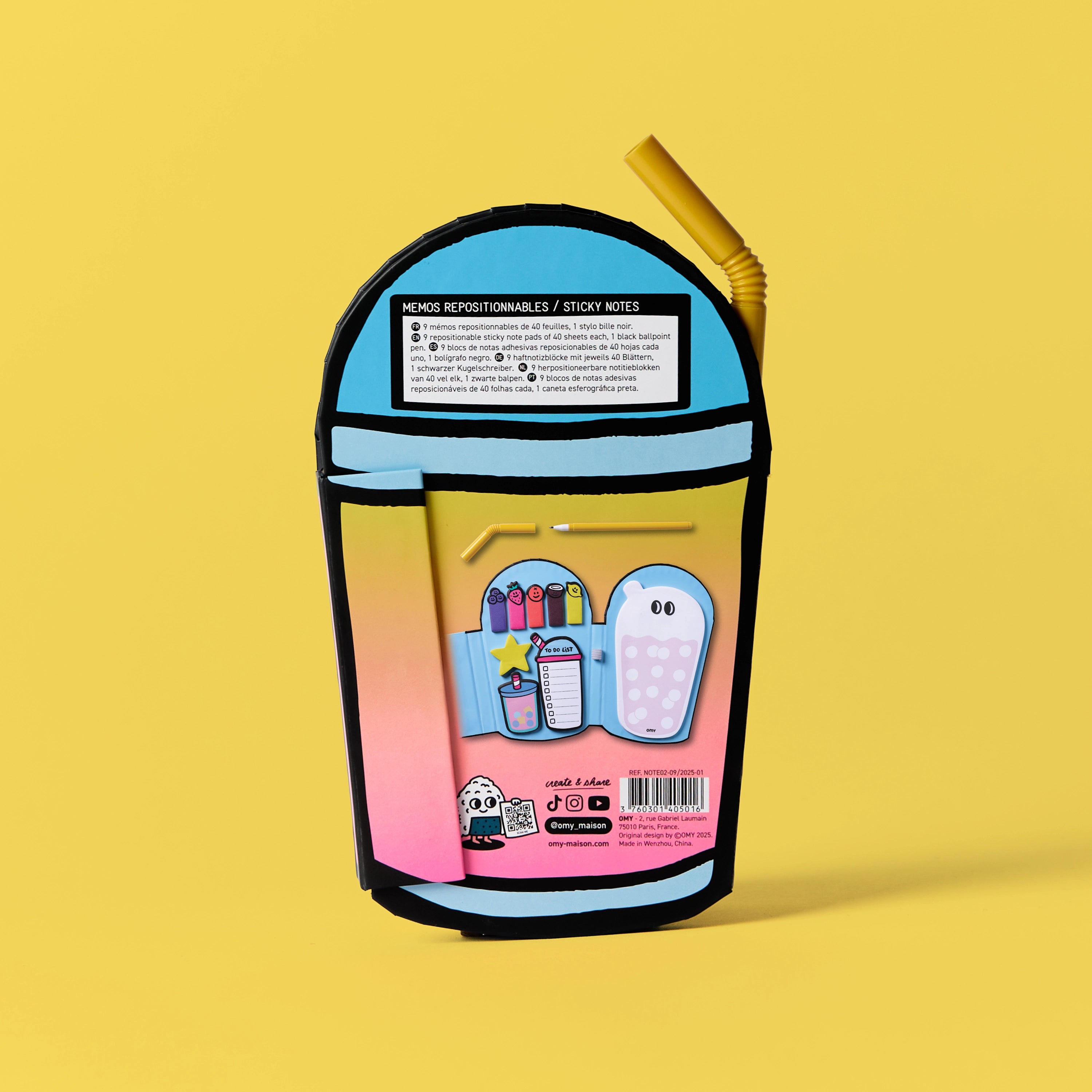 Sticky Notes Bubble OMY – Dos du packaging gobelet à bulles avec descriptif du contenu : mémos repositionnables et notes autocollantes