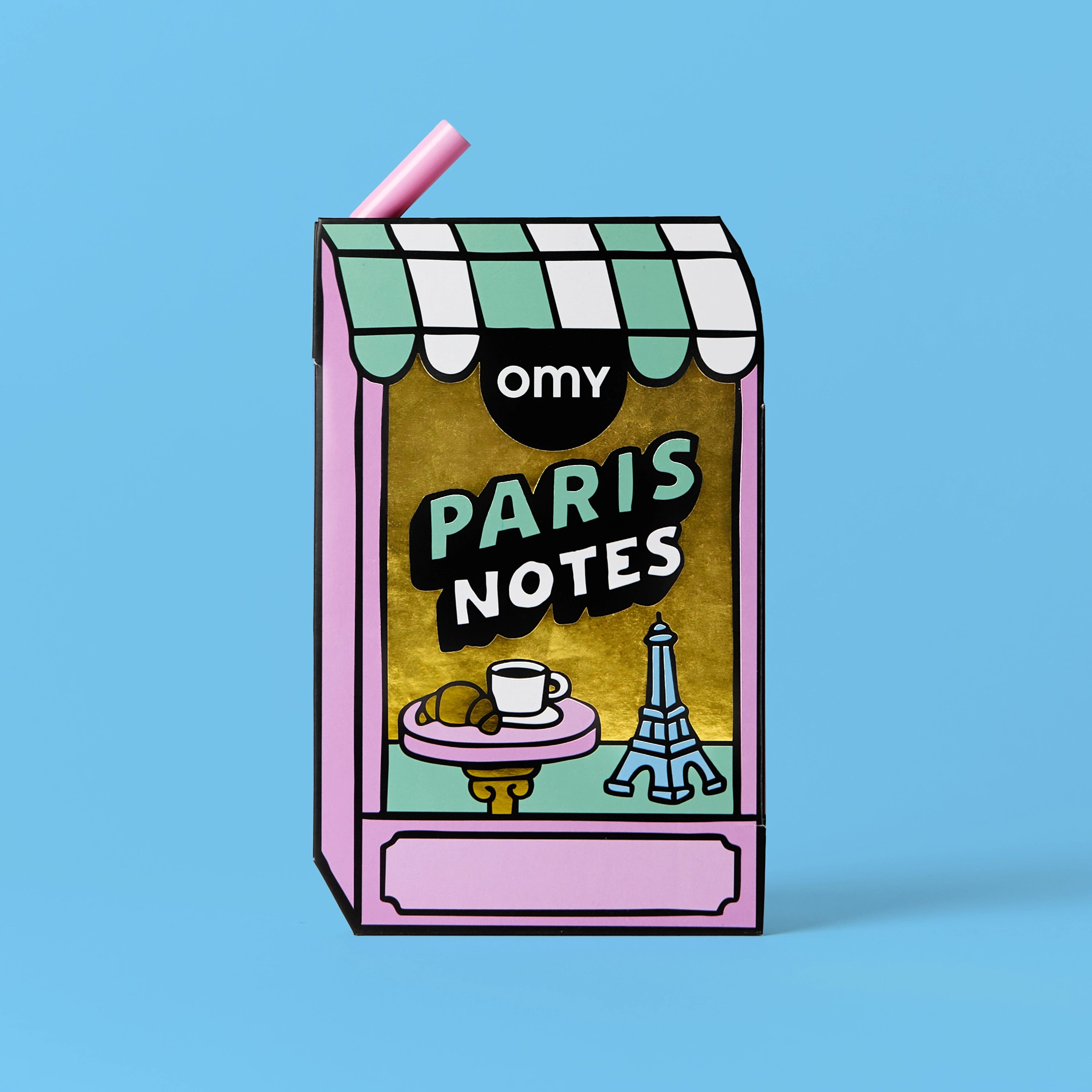 Sticky Notes Paris OMY – Vue de face du bloc-notes repositionnable en forme de kiosque parisien avec Tour Eiffel et croissant, fond bleu