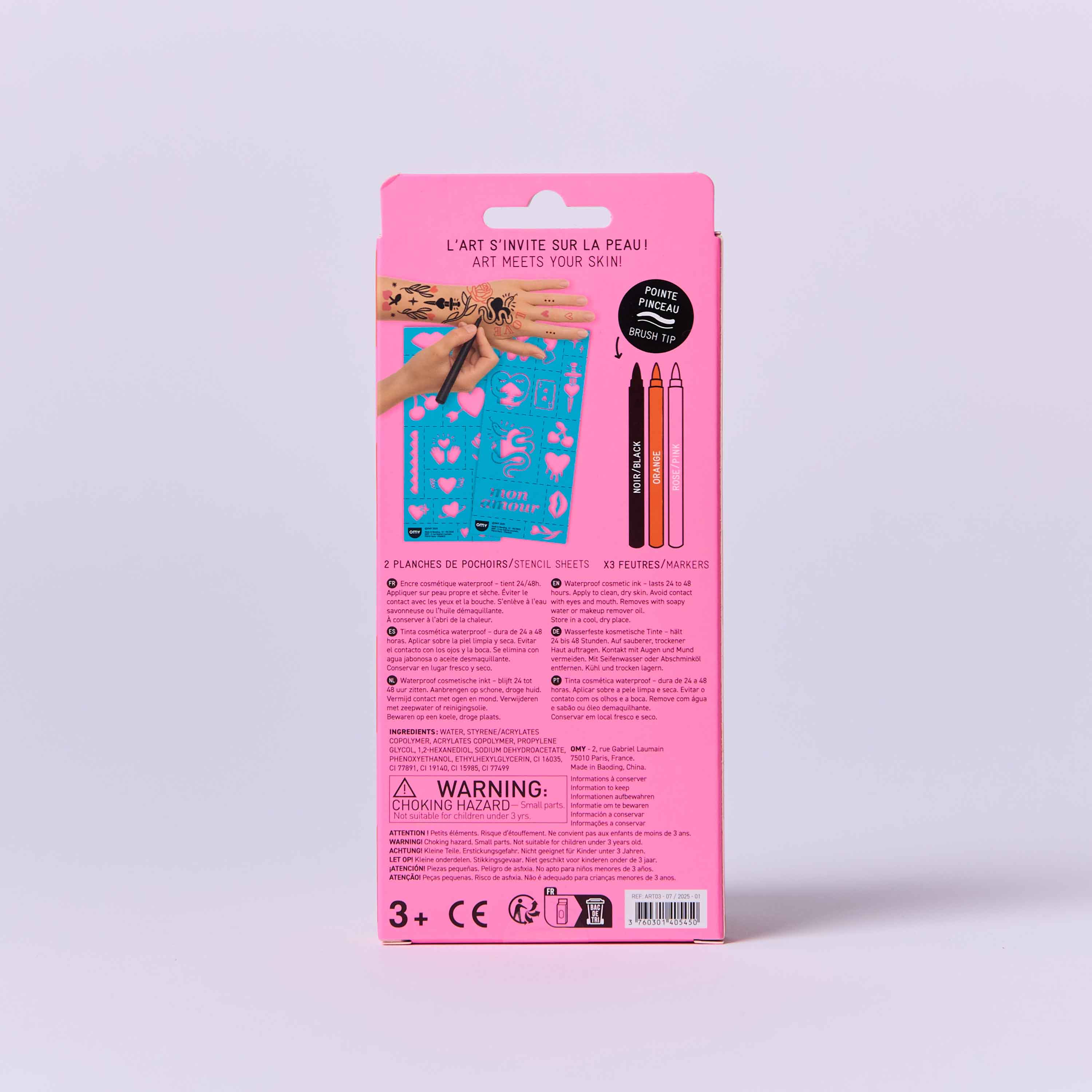 Dos du coffret Tattoo Art I Love You OMY, feutres tatouage temporaires avec pointe pinceau