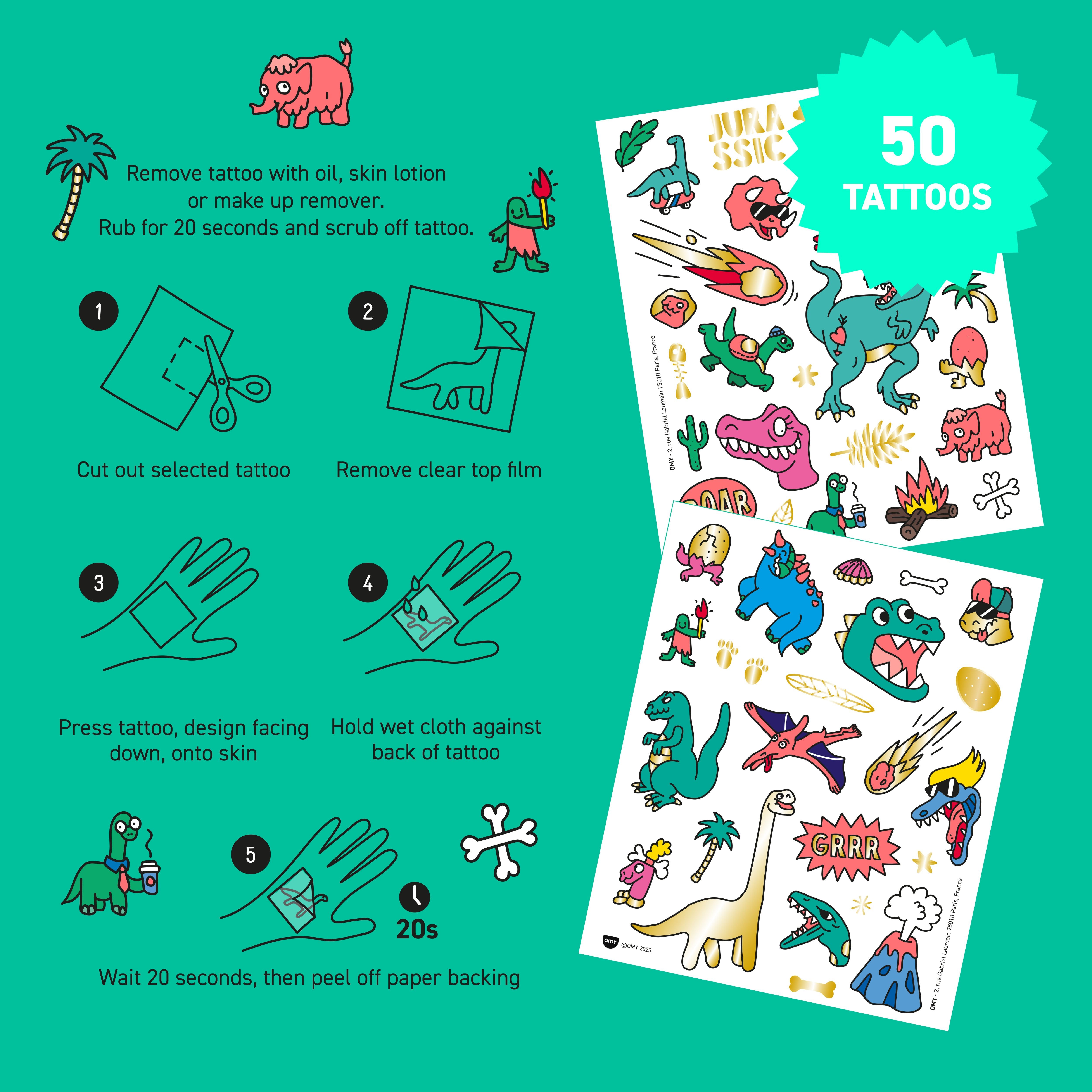 Application d’un tatouage temporaire dinosaure OMY – Facile à poser sur la peau d’enfant