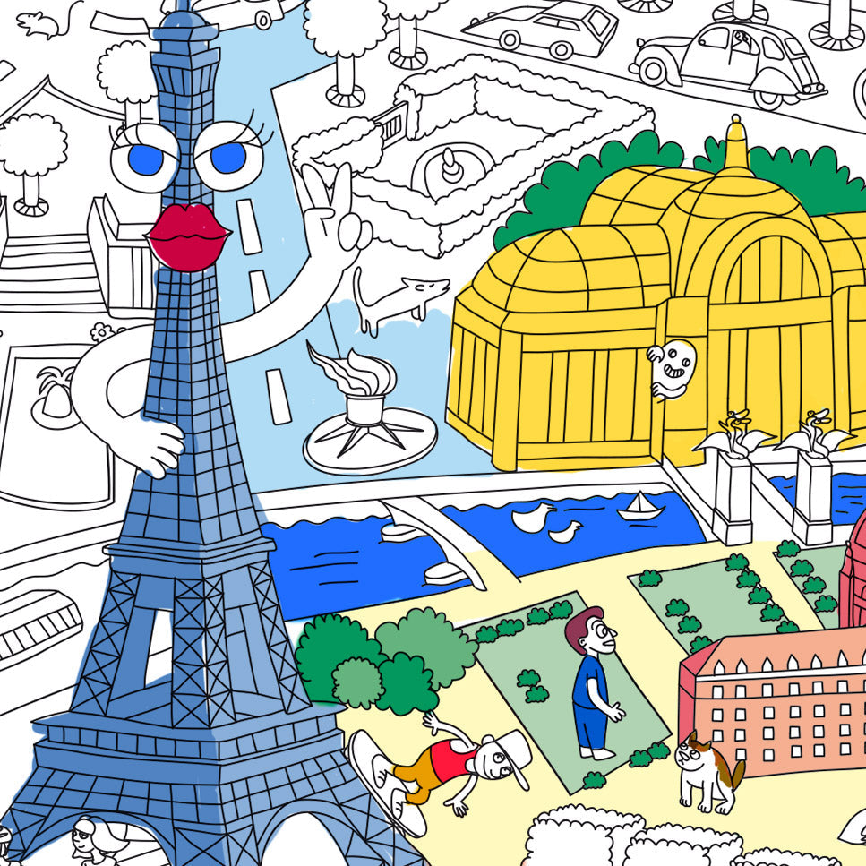 Détail colorié du poster Paris avec la Tour Eiffel et des personnages