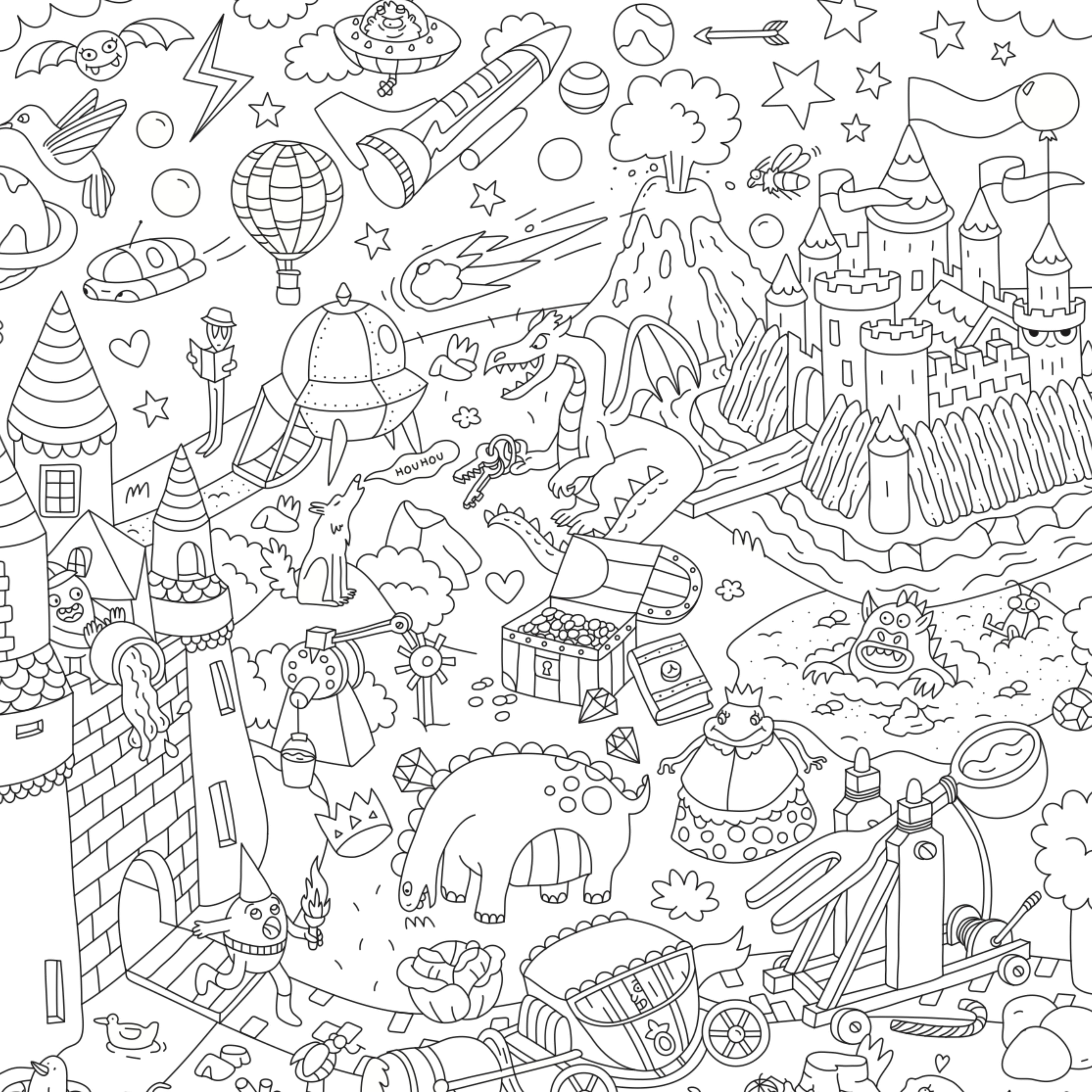 Dessin en noir et blanc du poster géant Magic à colorier par OMY, plein de détails féériques et humoristiques.