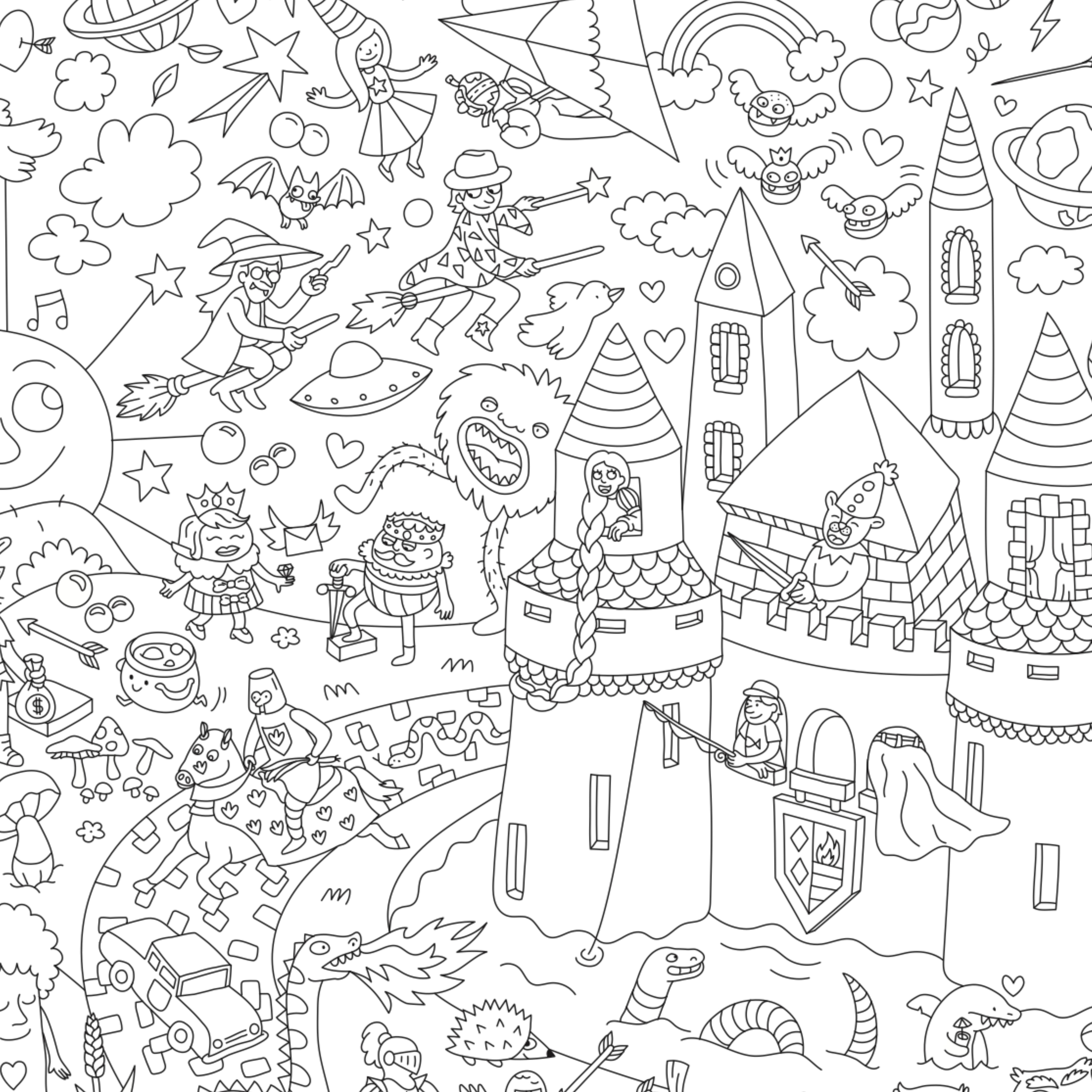 Détail du poster Magic OMY colorié : château, dragon, licorne et scène de conte de fées pour enfants