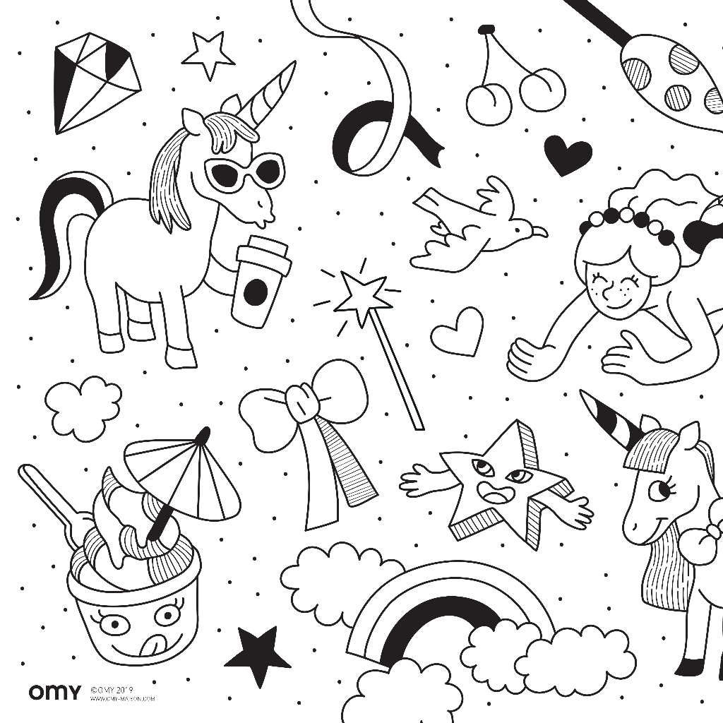 Dessin à colorier OMY en noir et blanc : licornes, arc-en-ciel, glace, baguette magique, étoiles et cœurs