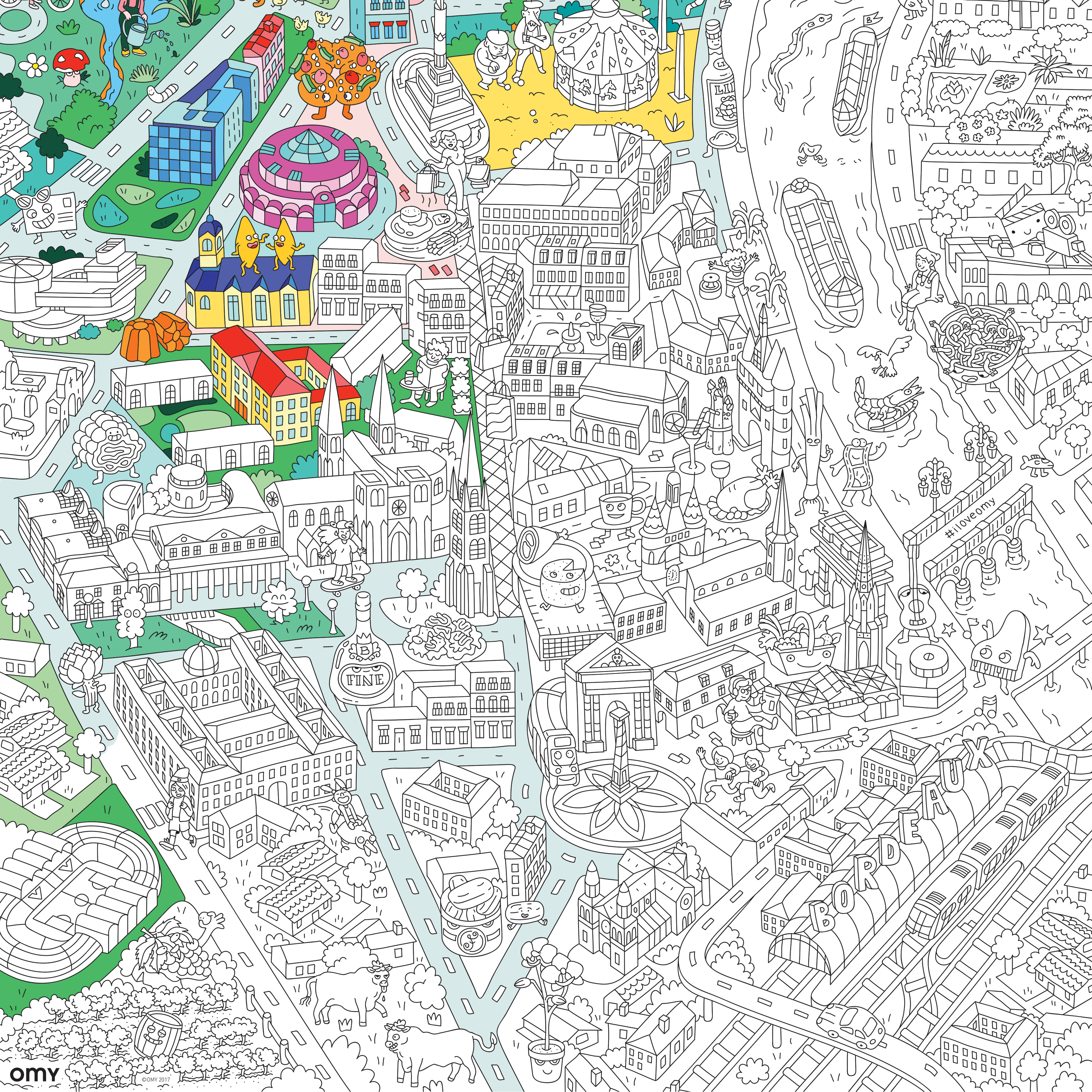 Detalles del póster Bordeaux para colorear: arquitectura, escenas callejeras y ambiente local.