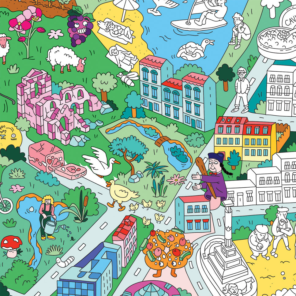 Póster OMY Bordeaux coloreado – escenas de mercado, río e iglesias para colorear.