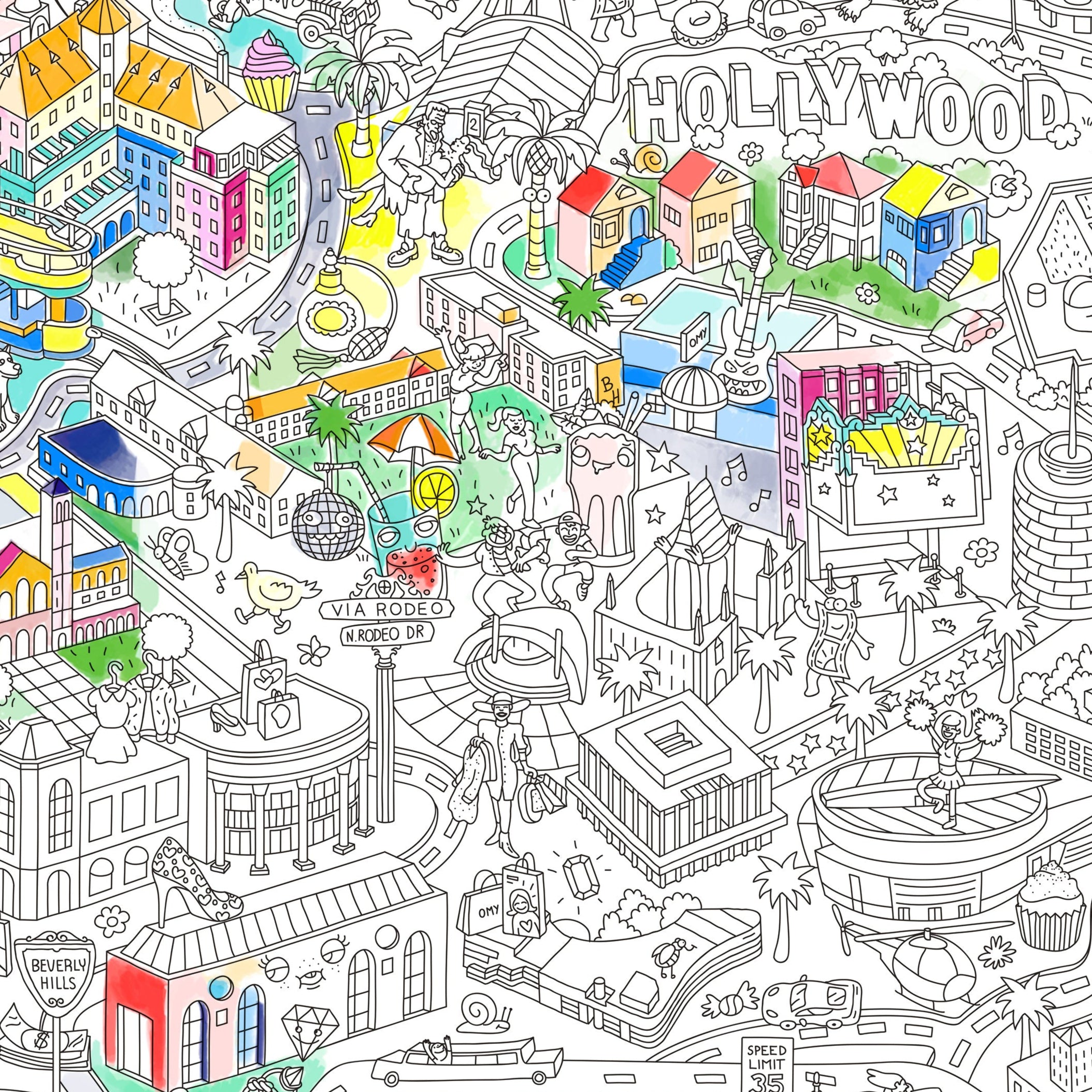 Poster géant OMY Los Angeles avec zones en couleur – activités ludiques pour enfants